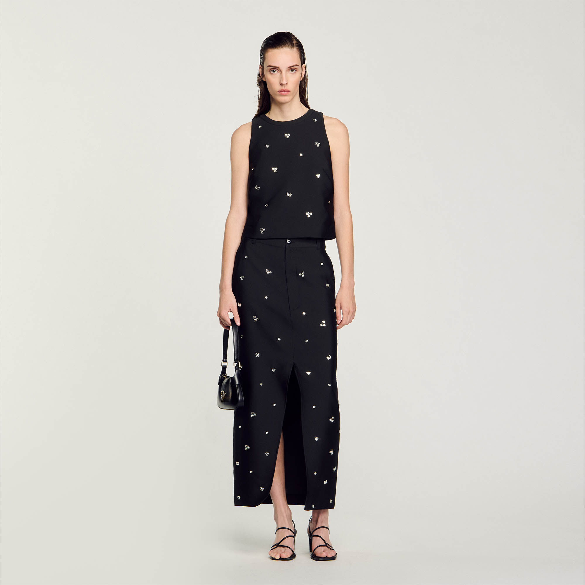 Rhinestone crop top black / gray For Women | Sandro Paris