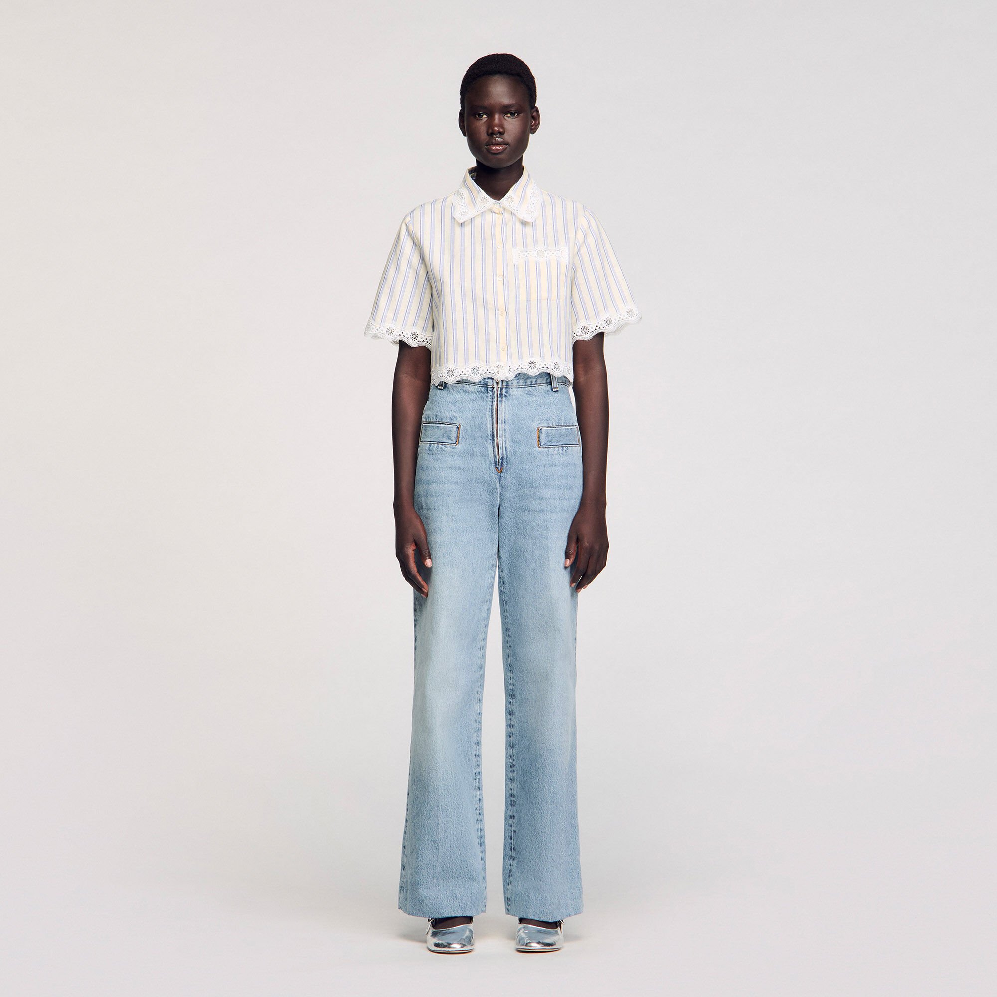 Striped cropped shirt with lace trim