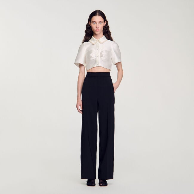 Beaded satin-effect cropped shirt