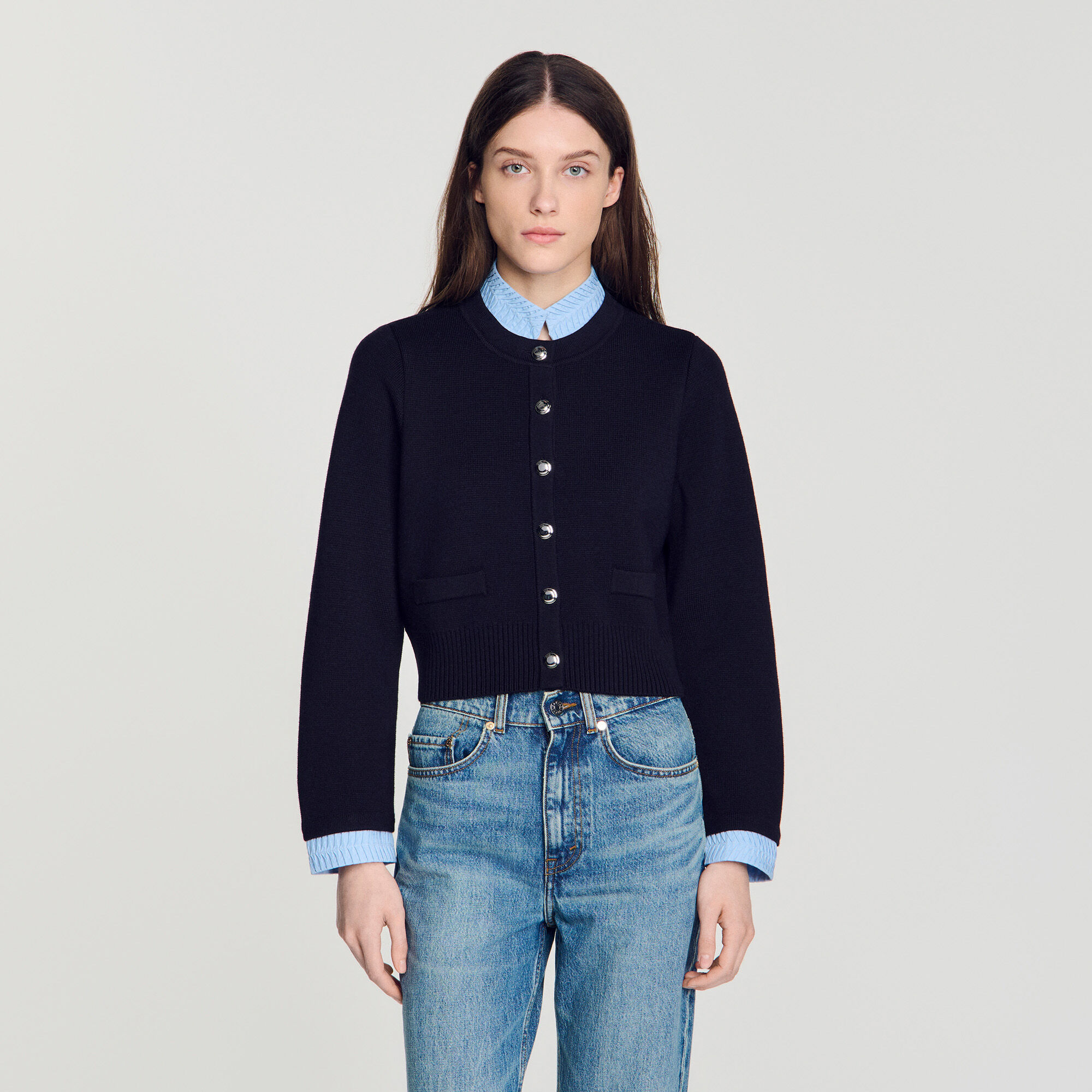 トップス ATTACHED COLLAR CARDIGAN Two-tone origami collar cardigan in Navy Blue for Women | Sandro Paris