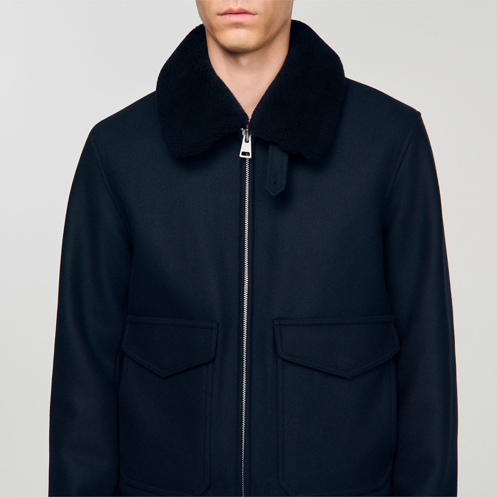 Wool aviator jacket with shearling