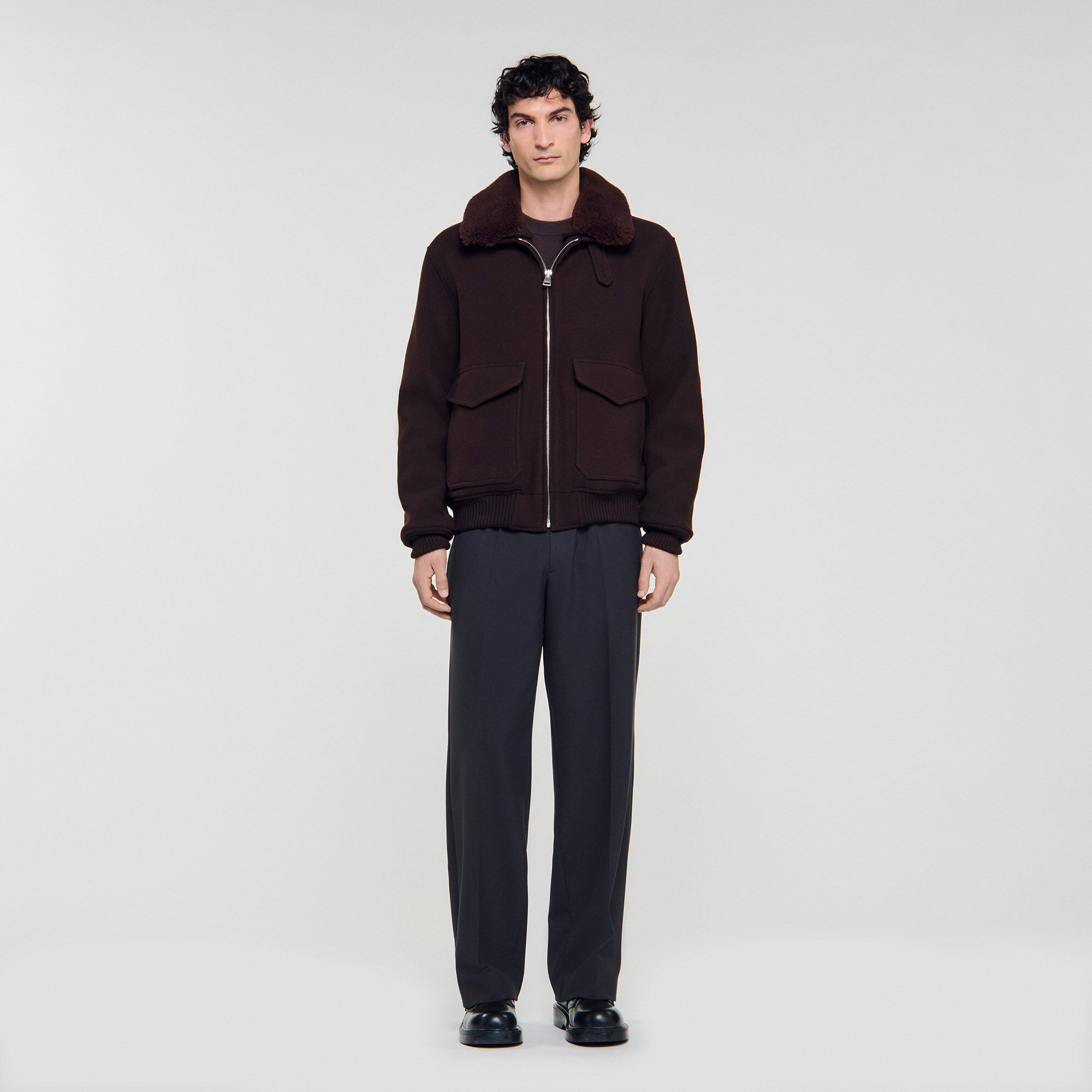 Wool aviator jacket with shearling