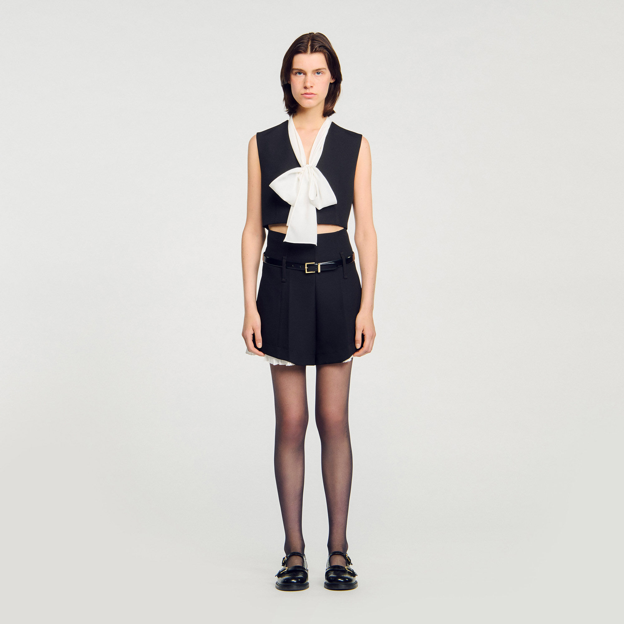 Bow neck crop top black / gray For Women | Sandro Paris