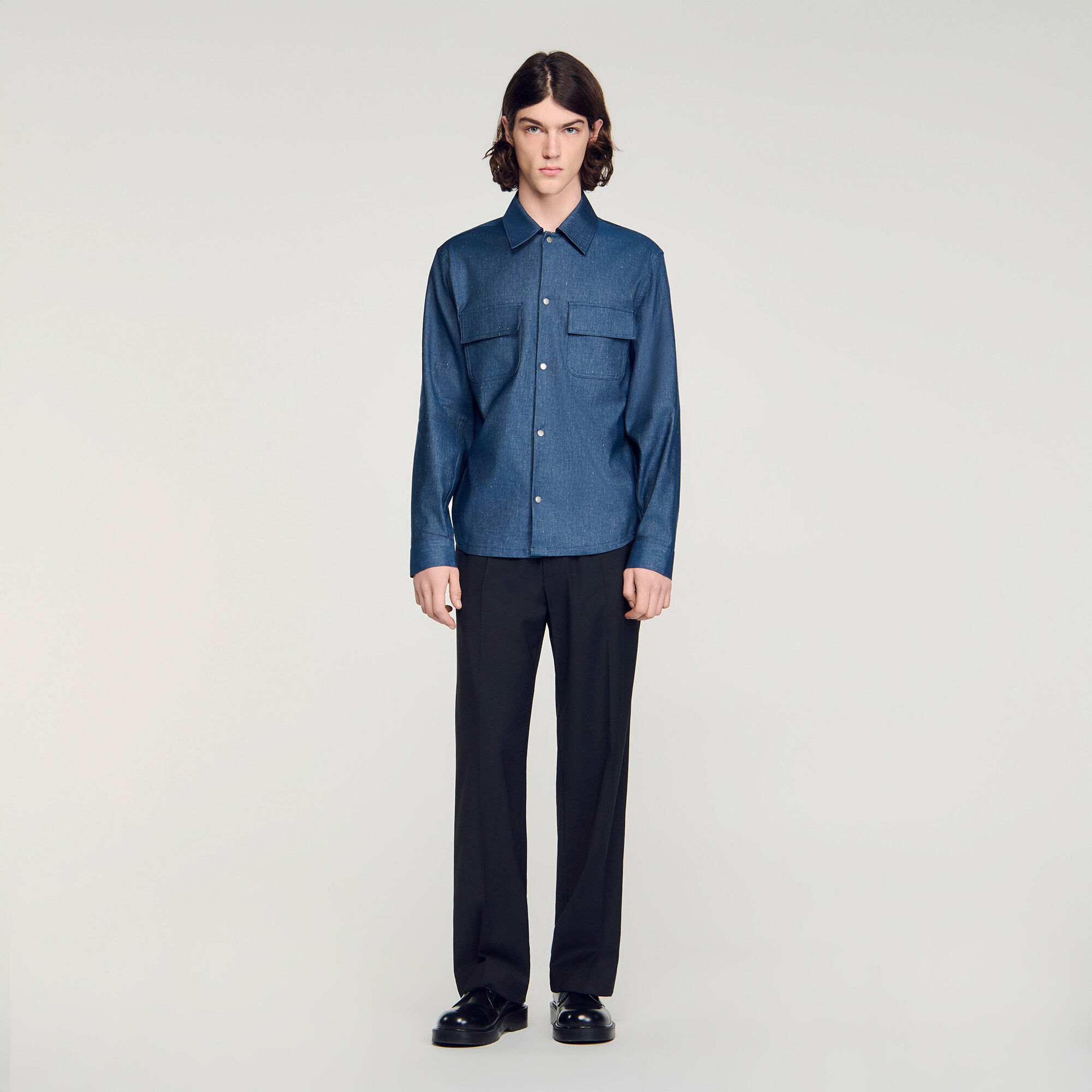 Denim-effect cotton and linen shirt