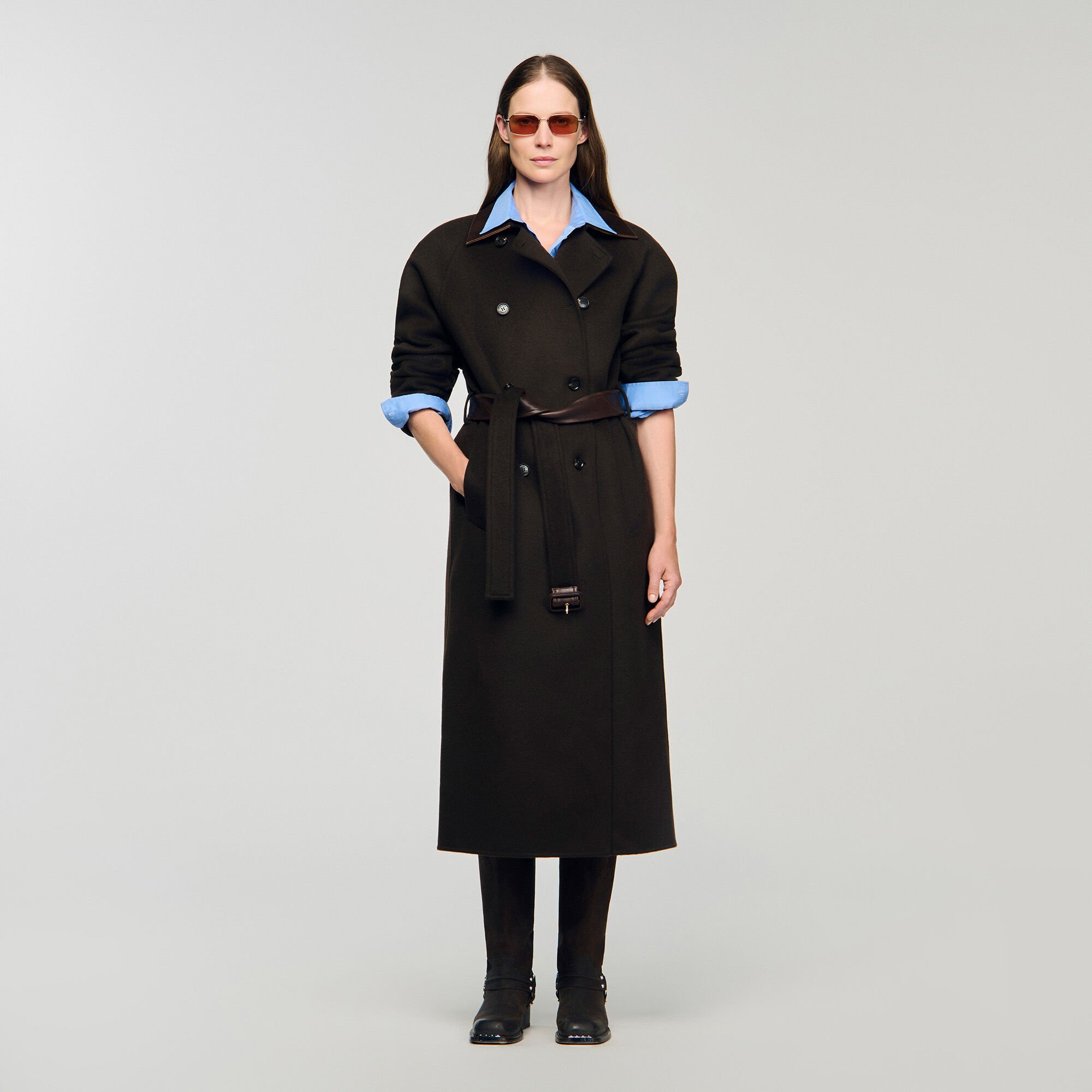 Long wool and leather coat