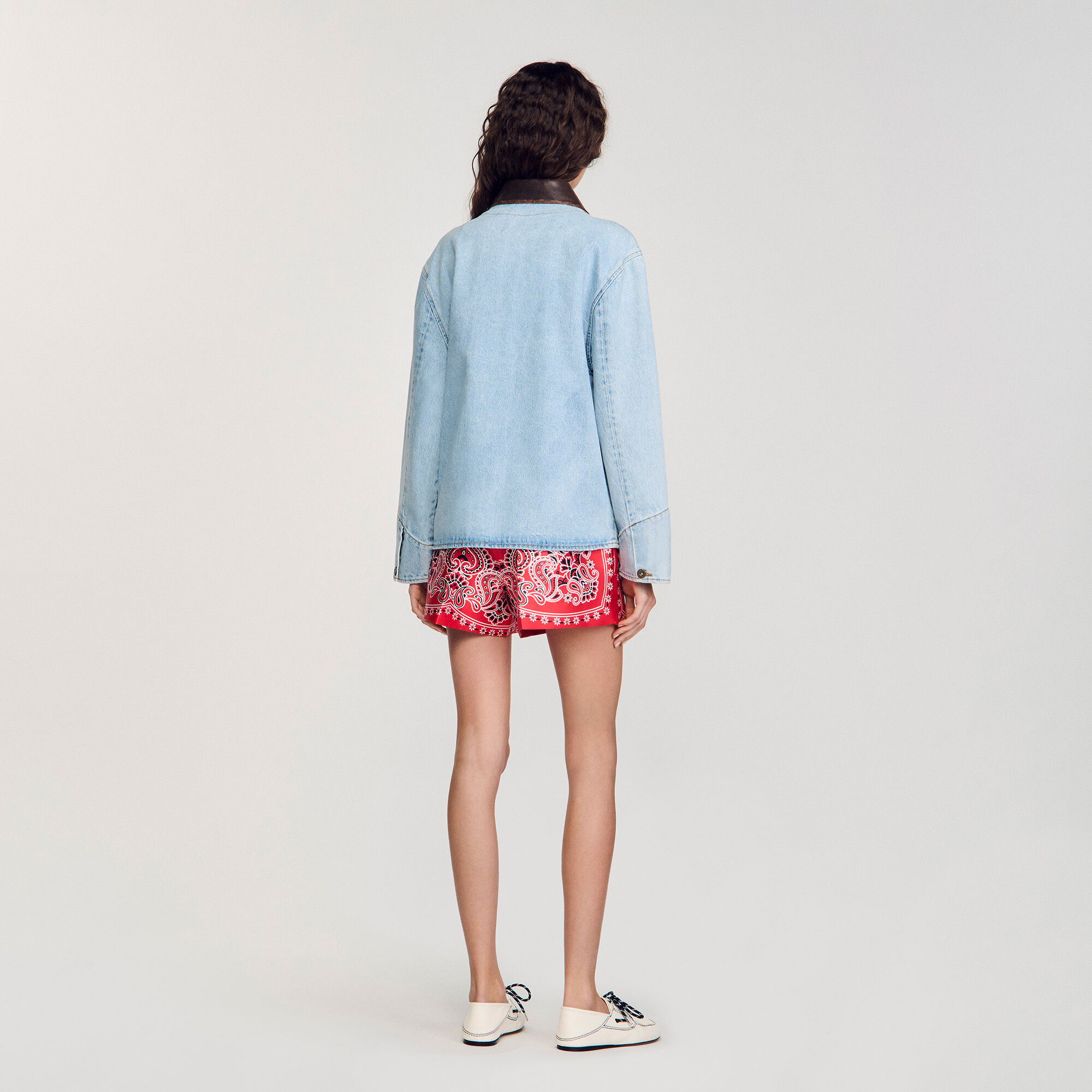 Denim jacket with leather collar For Women | Sandro Paris
