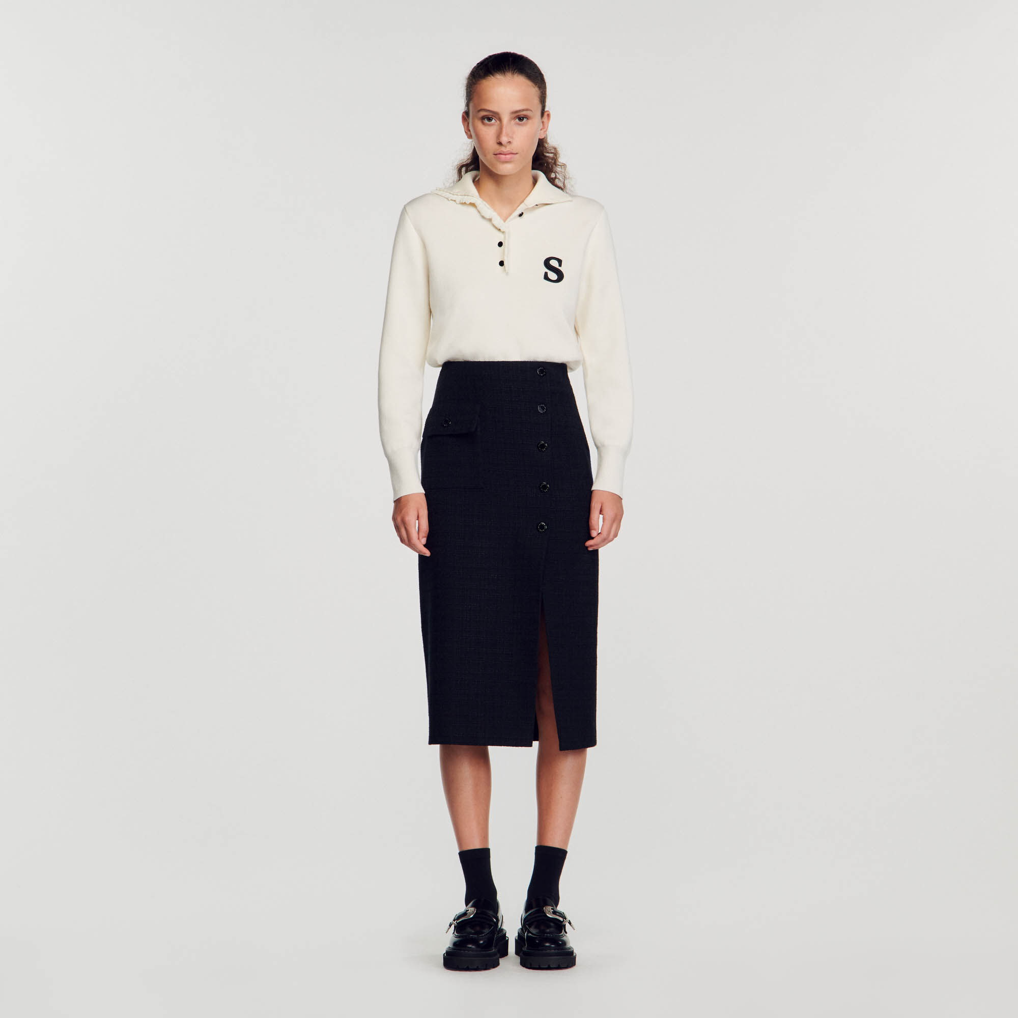 Tweed midi skirt Black / Gray | Sandro Paris