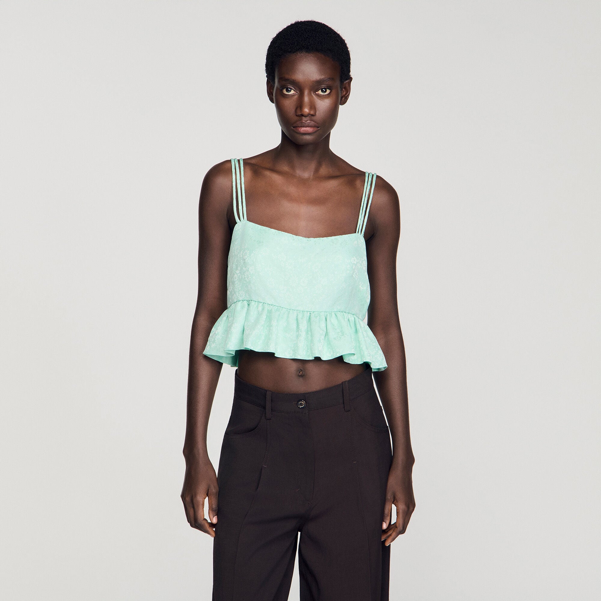 Floral jacquard ruffle crop top in Light Green for Women | Sandro