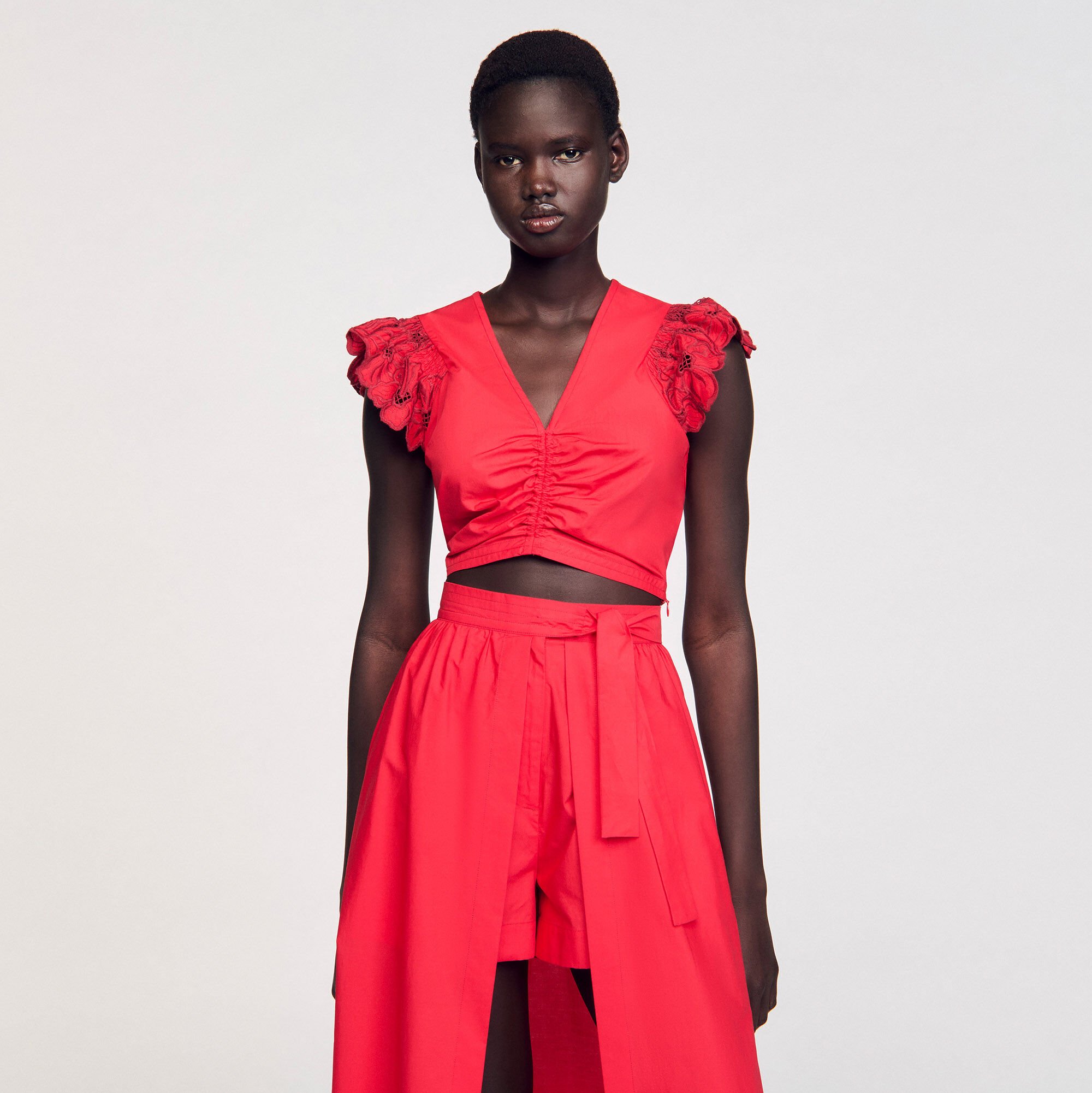 Crop top with embroidered sleeves red For Women | Sandro Paris
