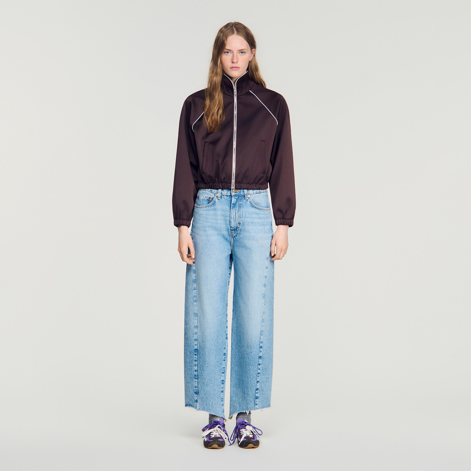 Cropped embroidered satin jacket in Brown for Women | Sandro Paris
