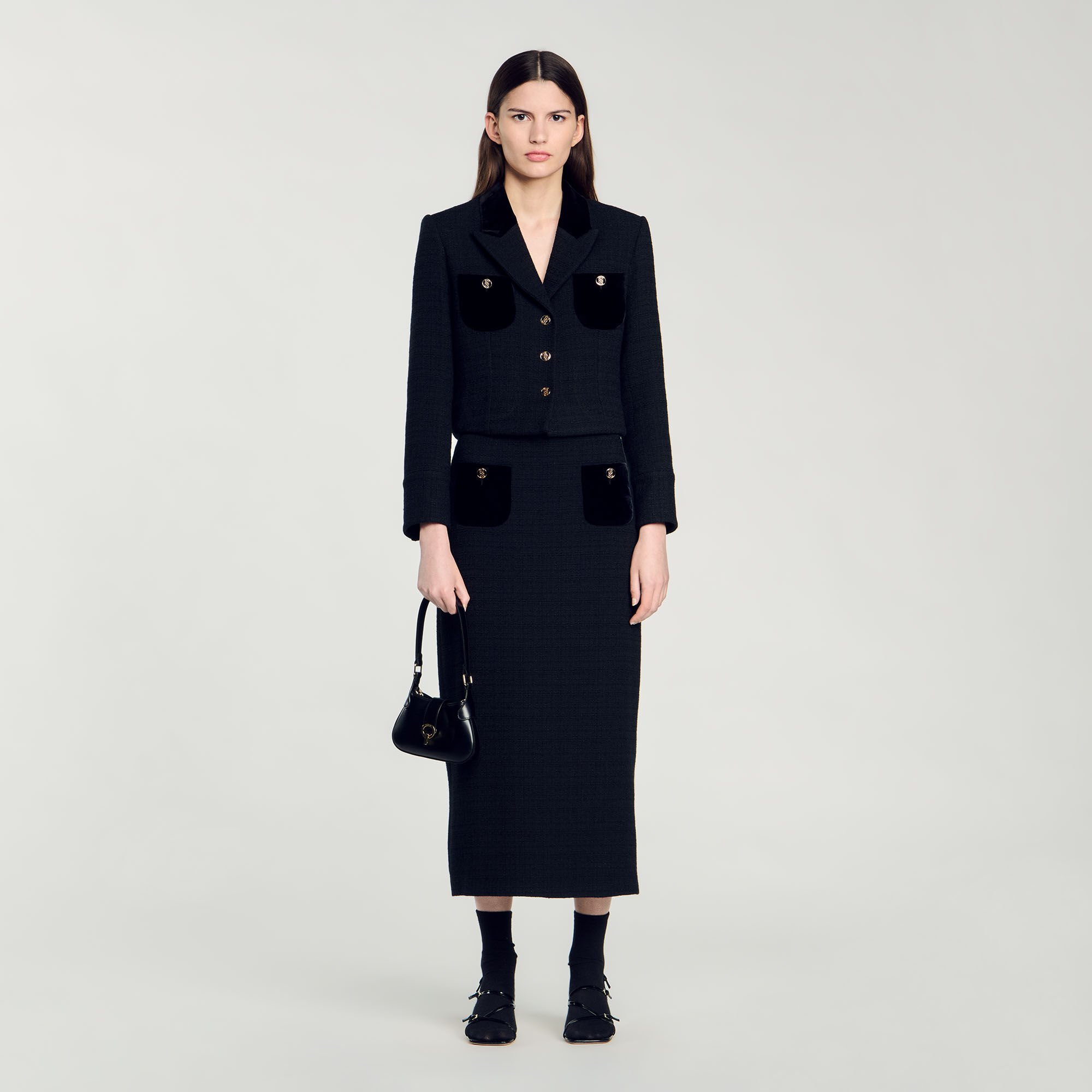 Velvet tweed cropped jacket black / gray For Women | Sandro