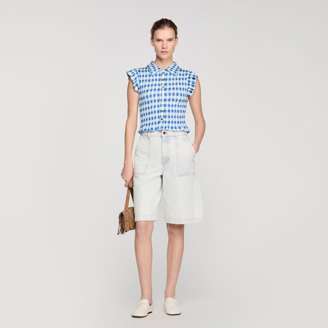 Check smocked T-shirt