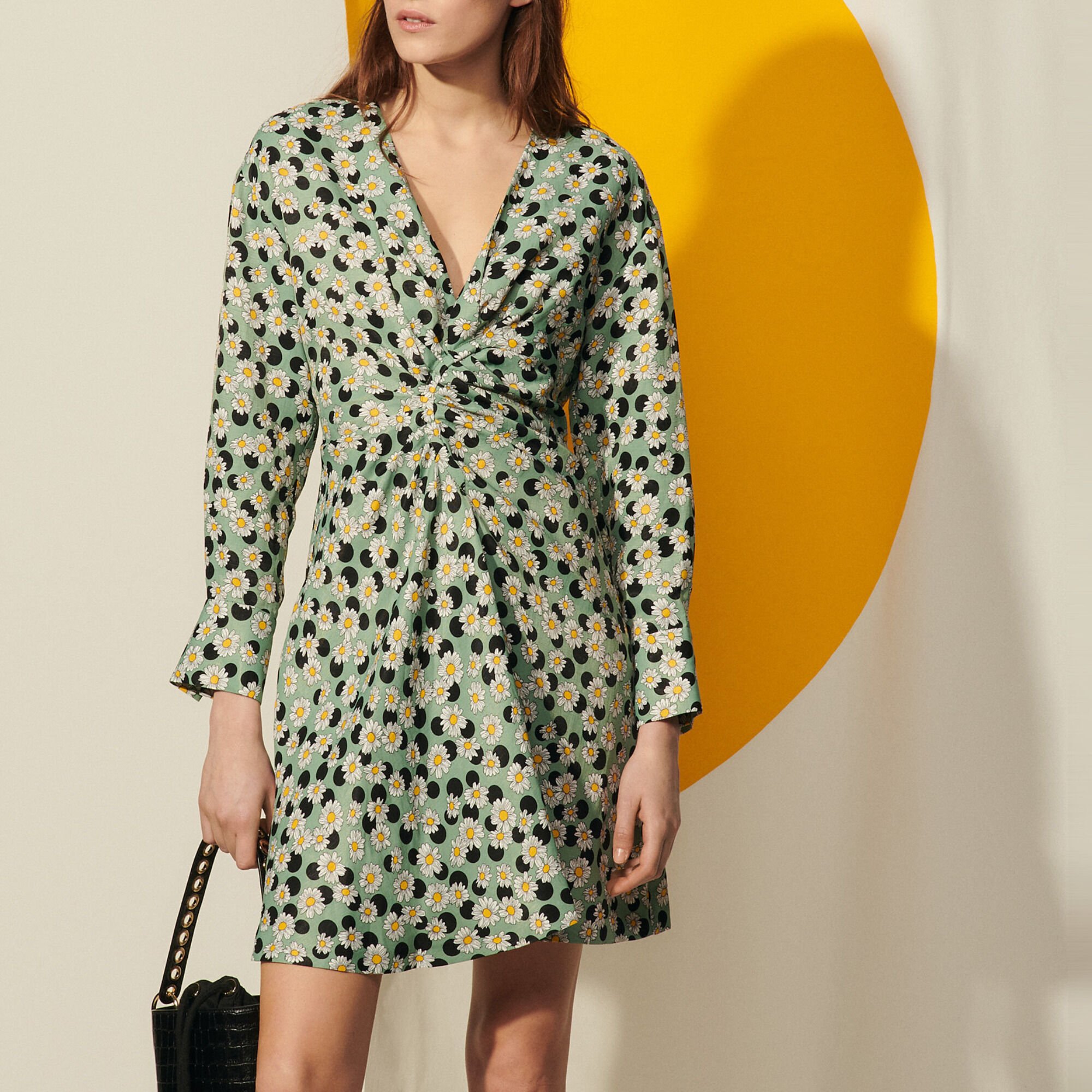 Sandro Short printed dress with gathers Select a size and SFPRO01647