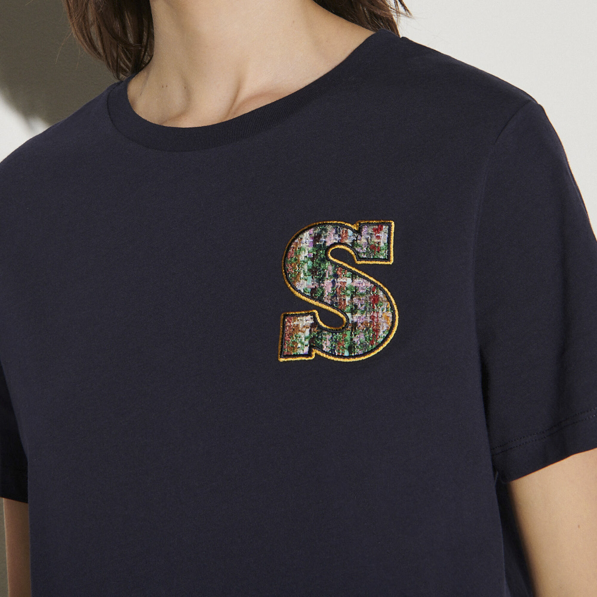 T-shirt with tweed S patch - Tops \u0026 Shirts | Sandro Paris