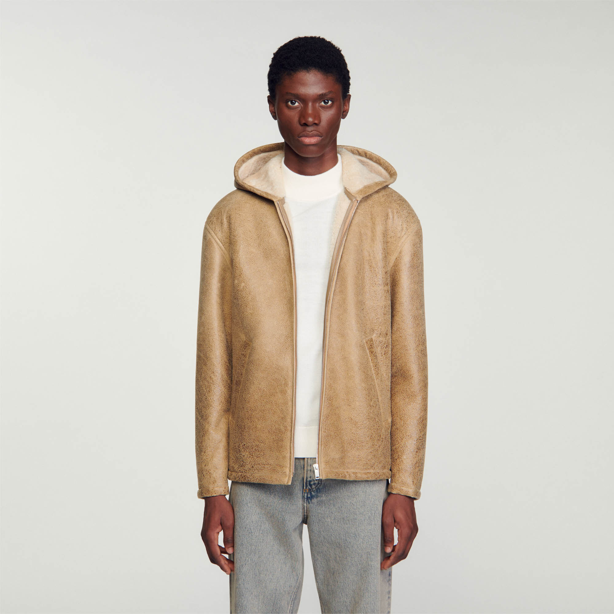 Beige Woollen leather jacket - Jackets | Sandro Paris