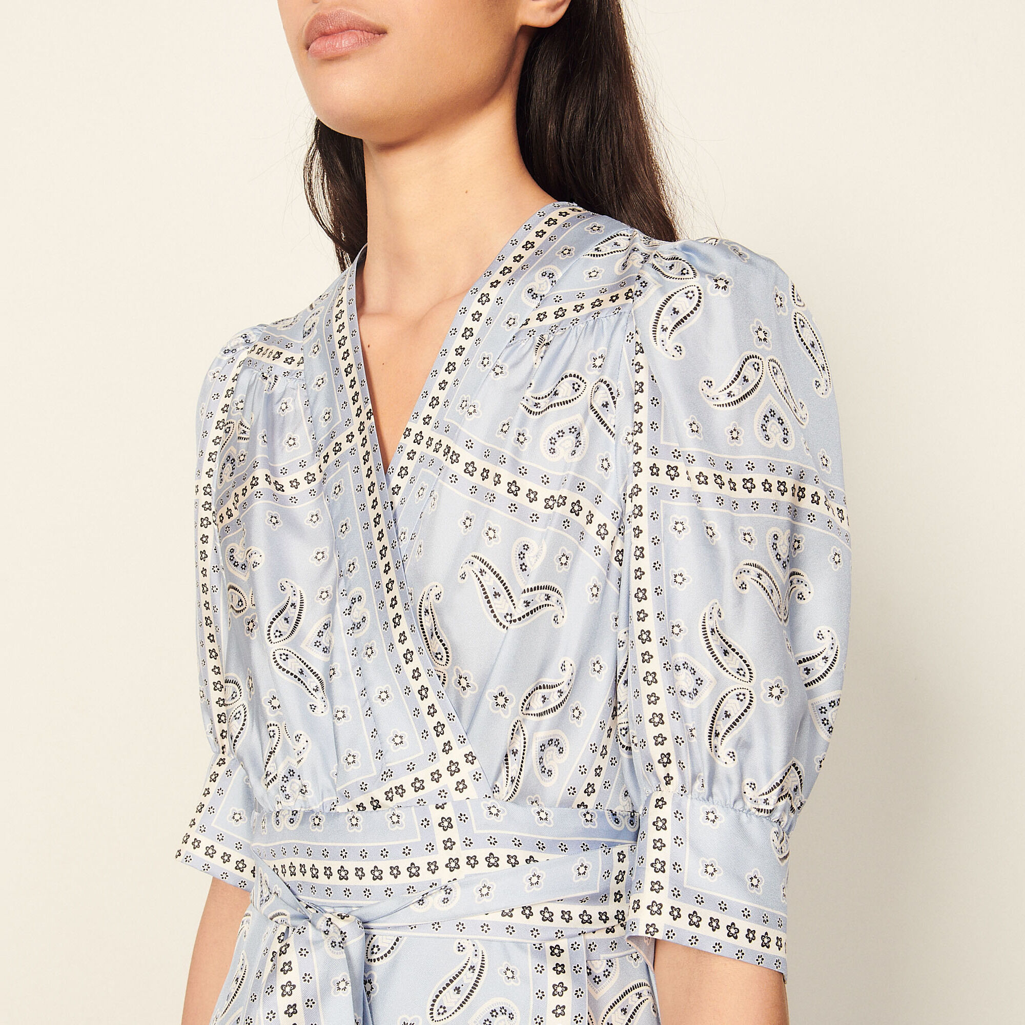 Enrika Long wrapover dress with bandana print See All Sandro Paris