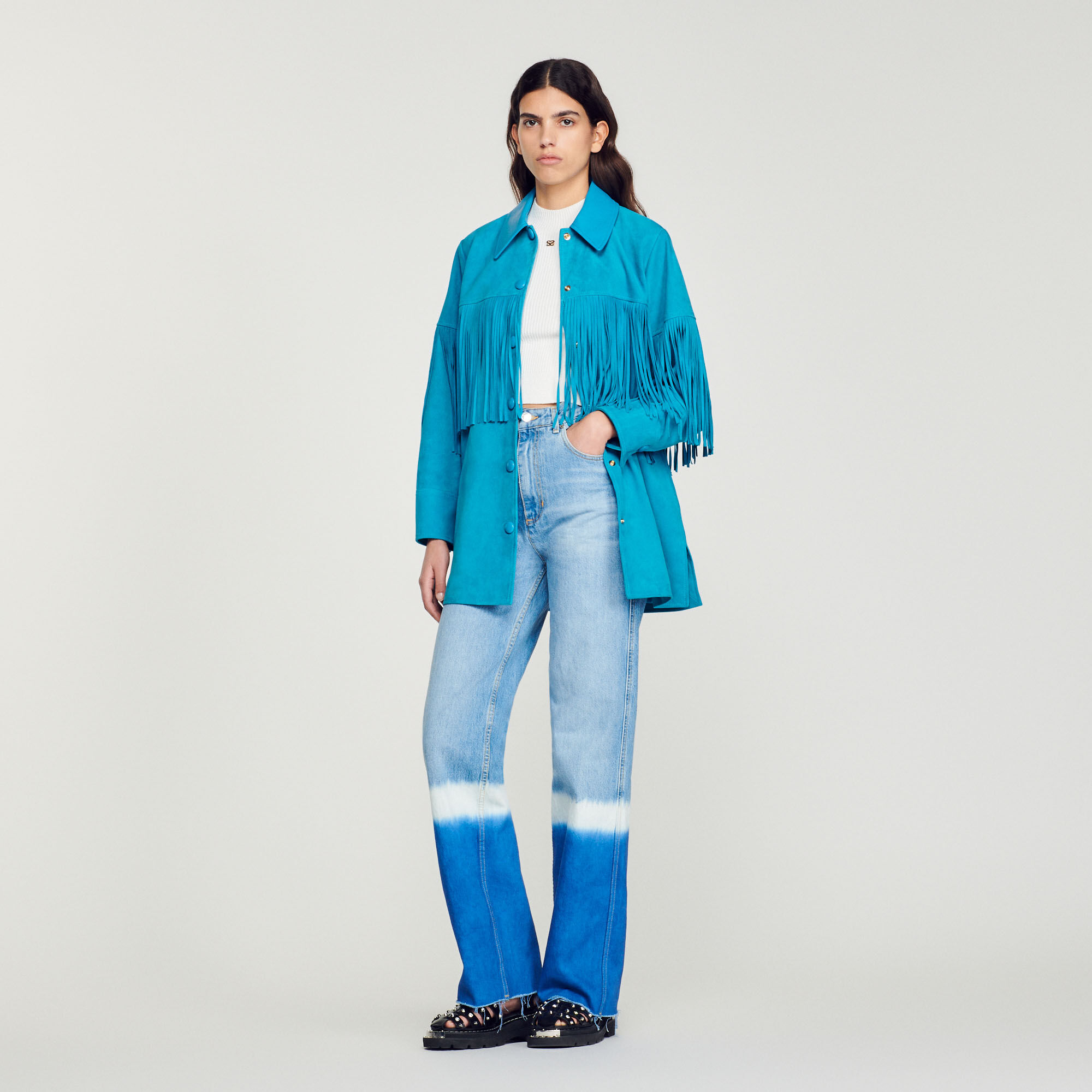 Sandro Long fringed leather jacket Login to add to Wish list
