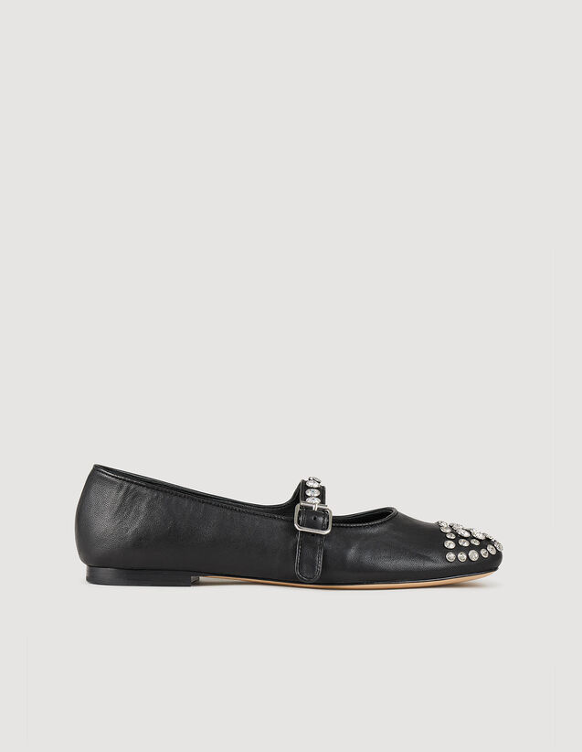 Leather and rhinestone ballet flats Black US_Womens
