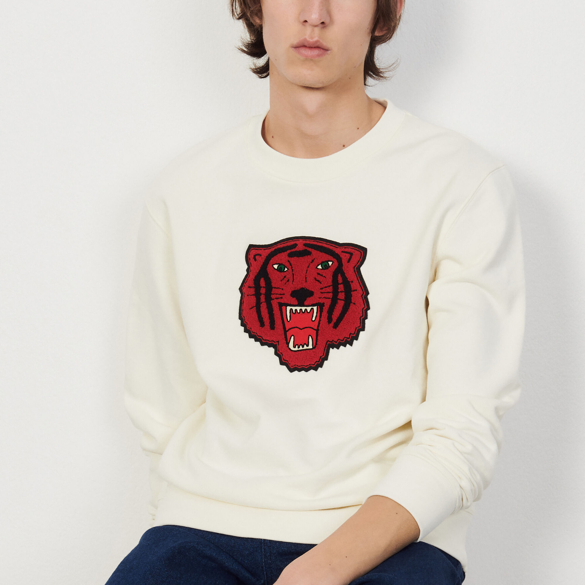 Sandro Men's Tiger Patch Sweatshirt - Ivory/Cream - Size M - Off-White