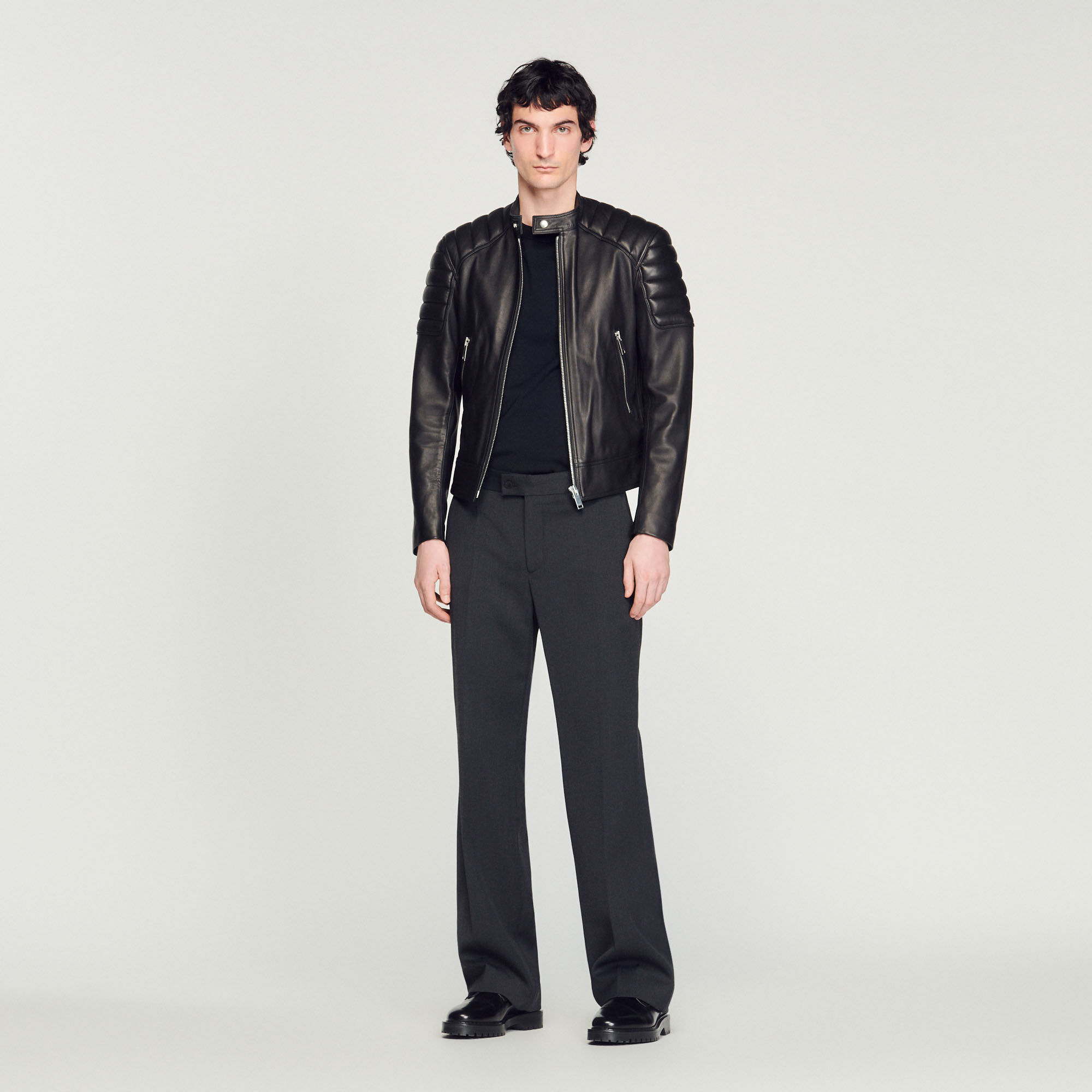 Biker Leather jacket with quilted trims - Jackets | Sandro Paris