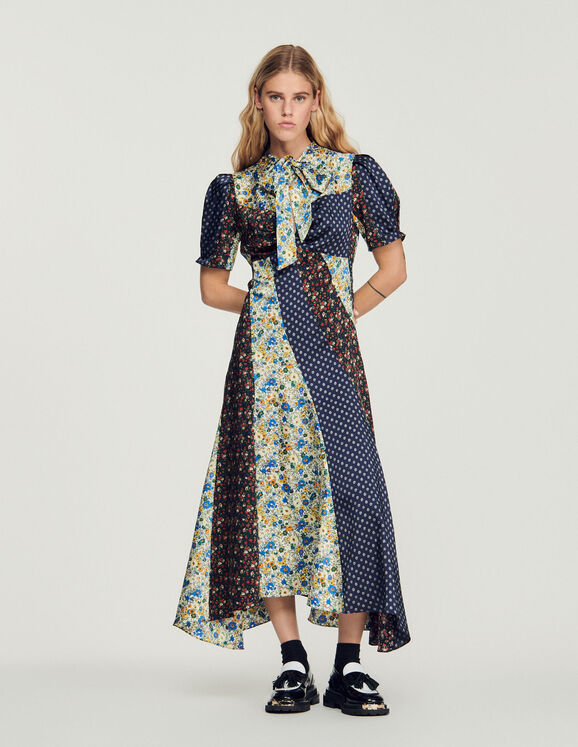 Sandro Long printed dress with pussy bow collar