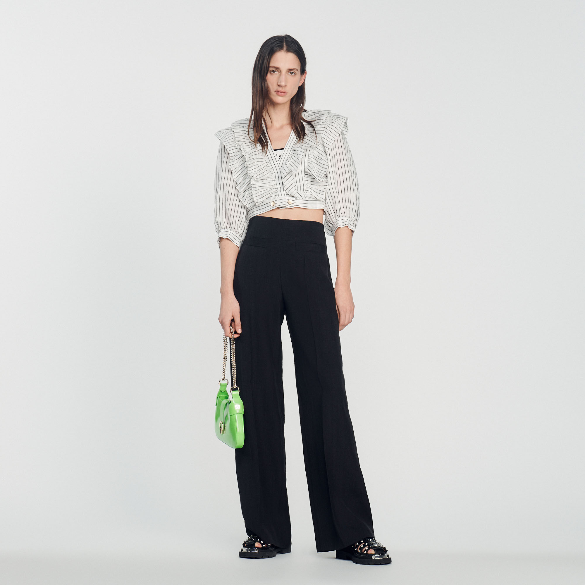Sandro Cropped linen top with stripes - SFPTO00564