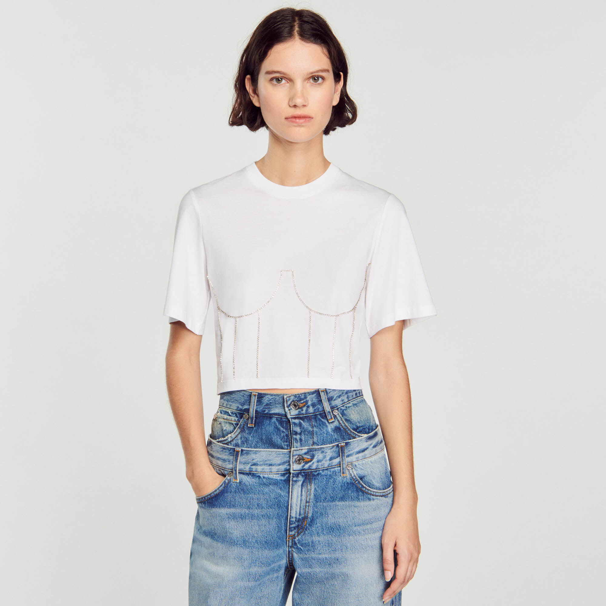 Strassy T shirt with rhinestone bustier design T shirts Sandro
