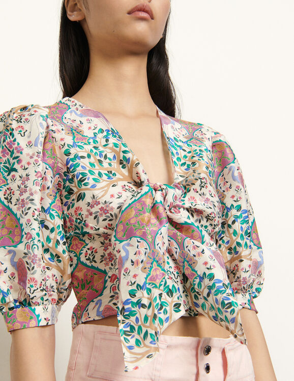 Printed cropped top in linen and silk : Tops & Shirts color Ivory