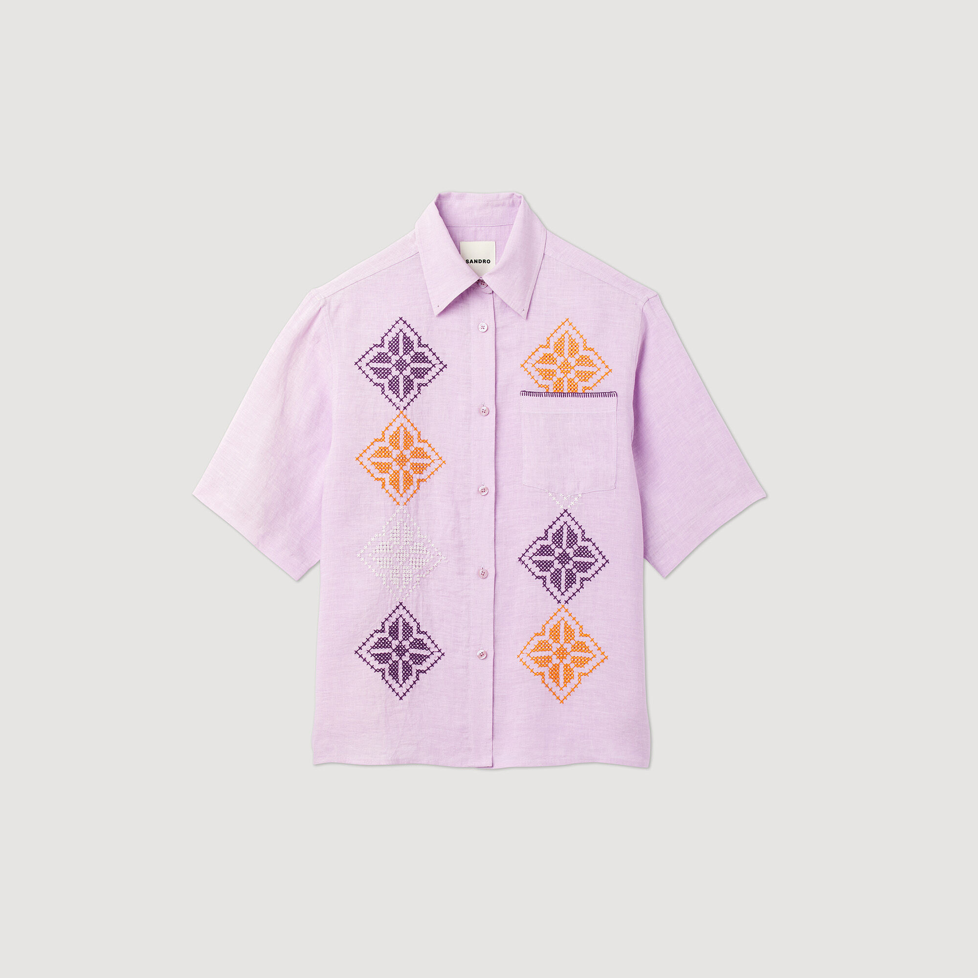sandro サンドロ レディース シャツ トップス Belem embroidered-pattern short-sleeve linen 