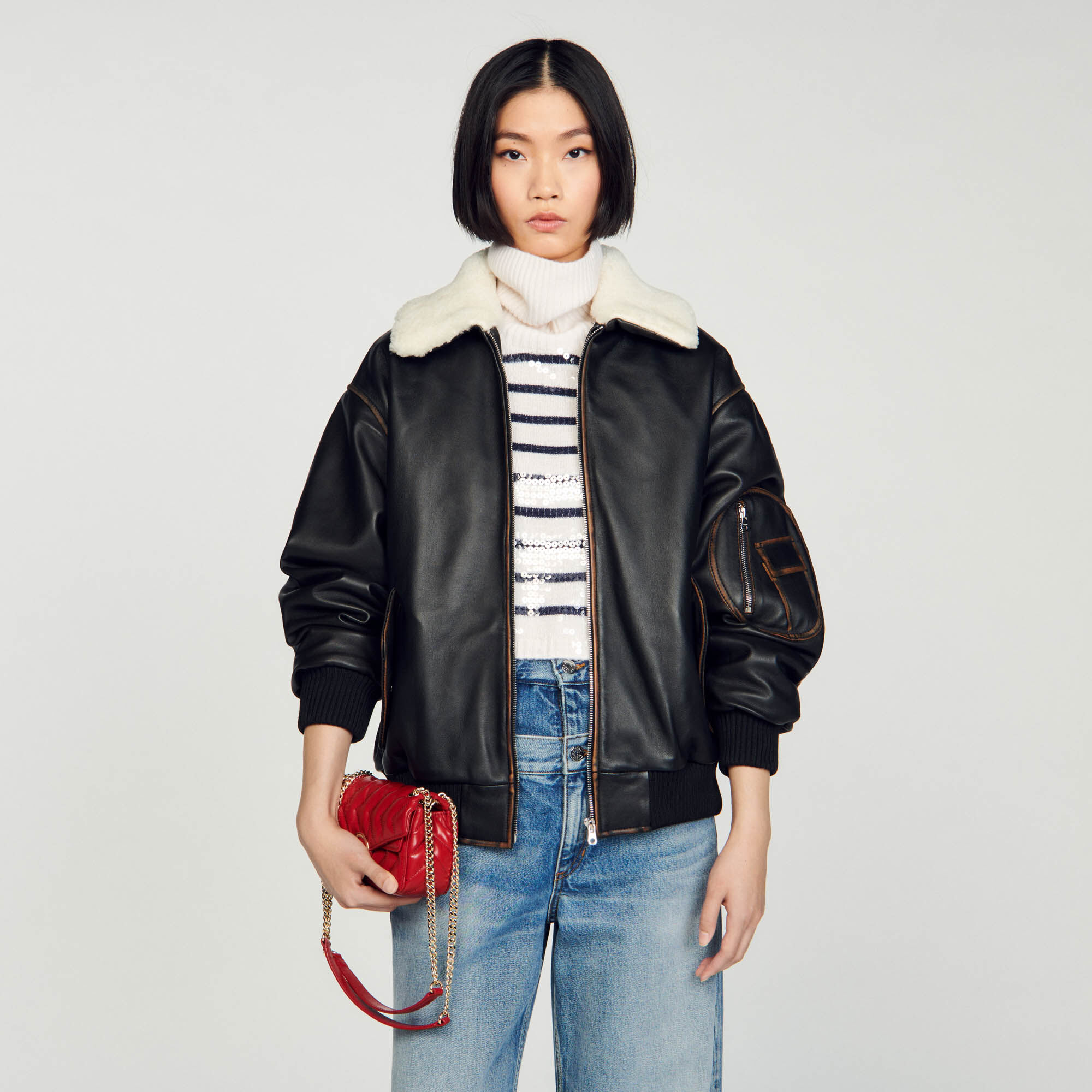 Sandro leather online jacket women