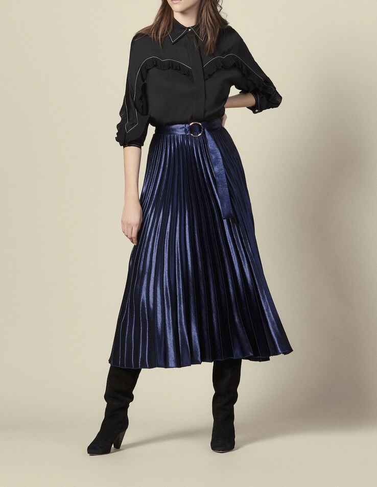 Long satin skirt with sunray pleating : Skirts color Navy Blue