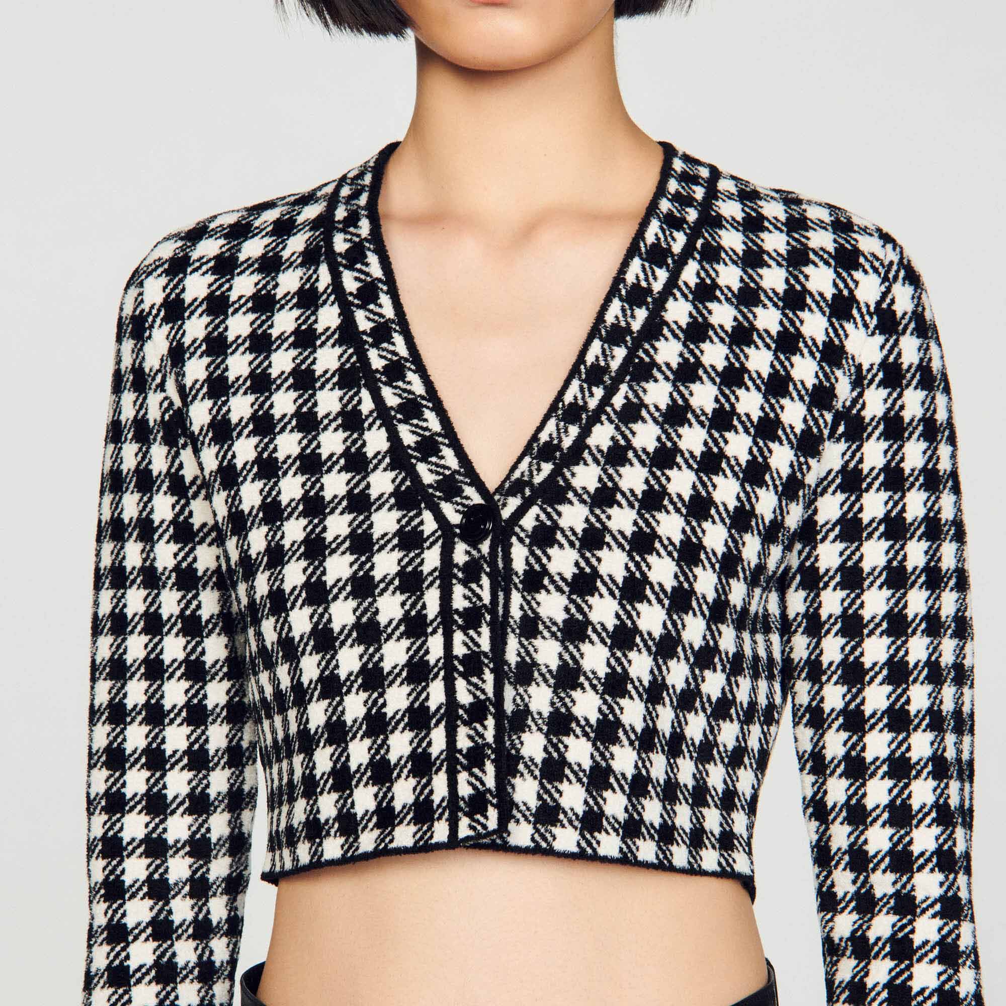 Cropped gingham knit cardigan