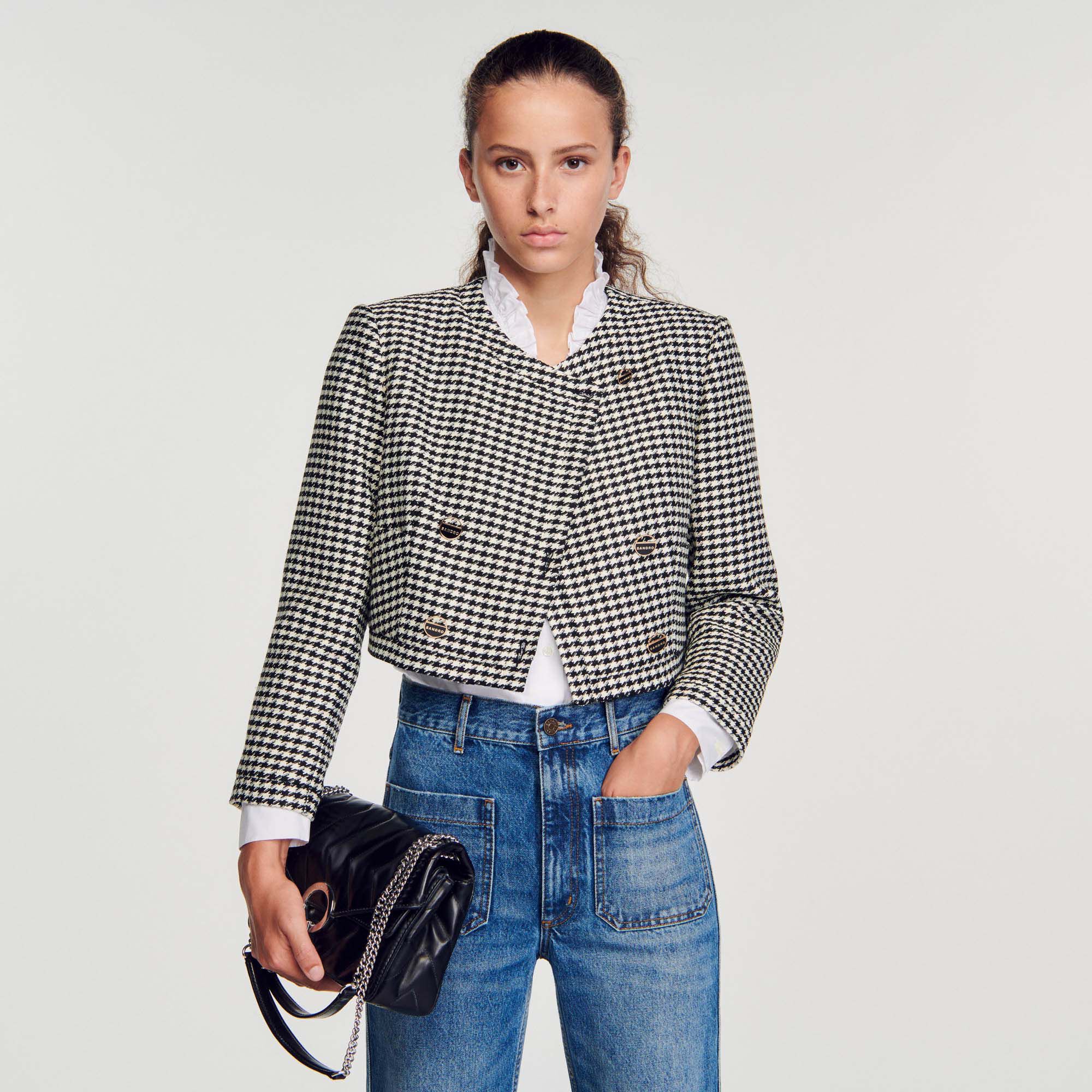 Cropped houndstooth outlet jacket