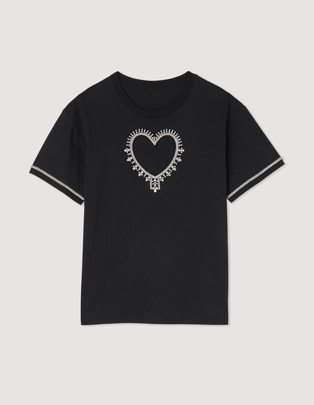 Organic cotton rhinestone heart T-shirt - T-shirts | Sandro Paris