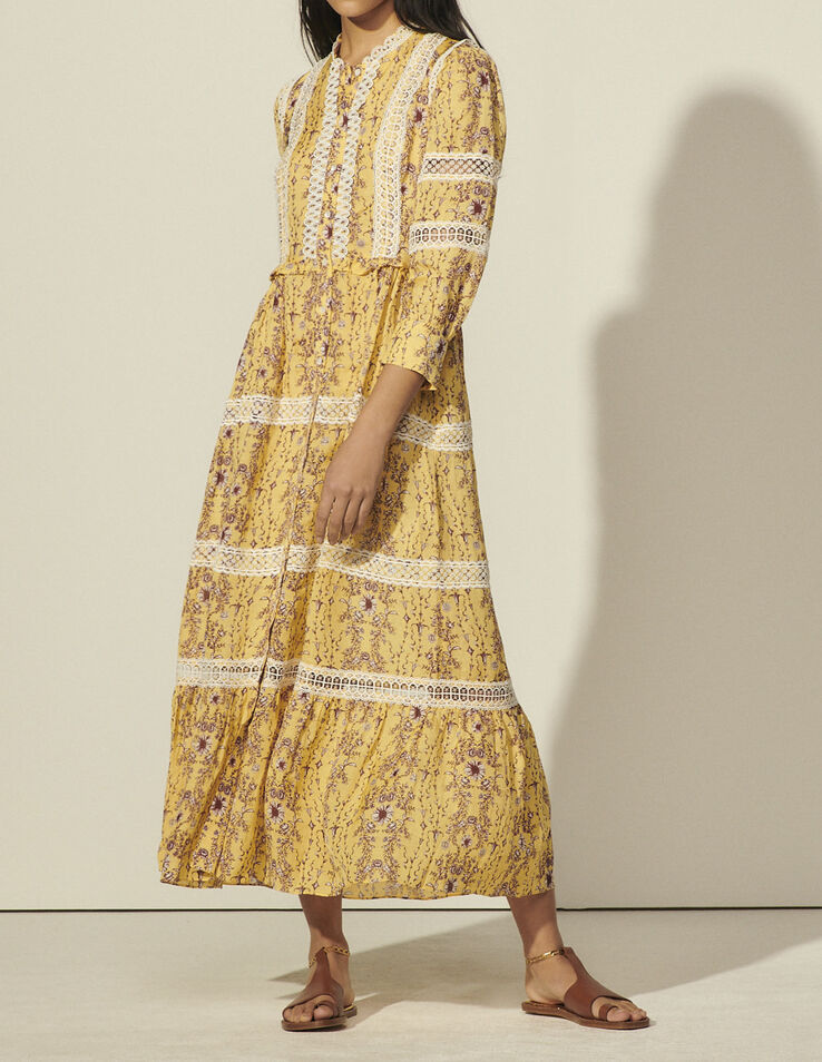 Sandro Long printed dress with braid trim. 1