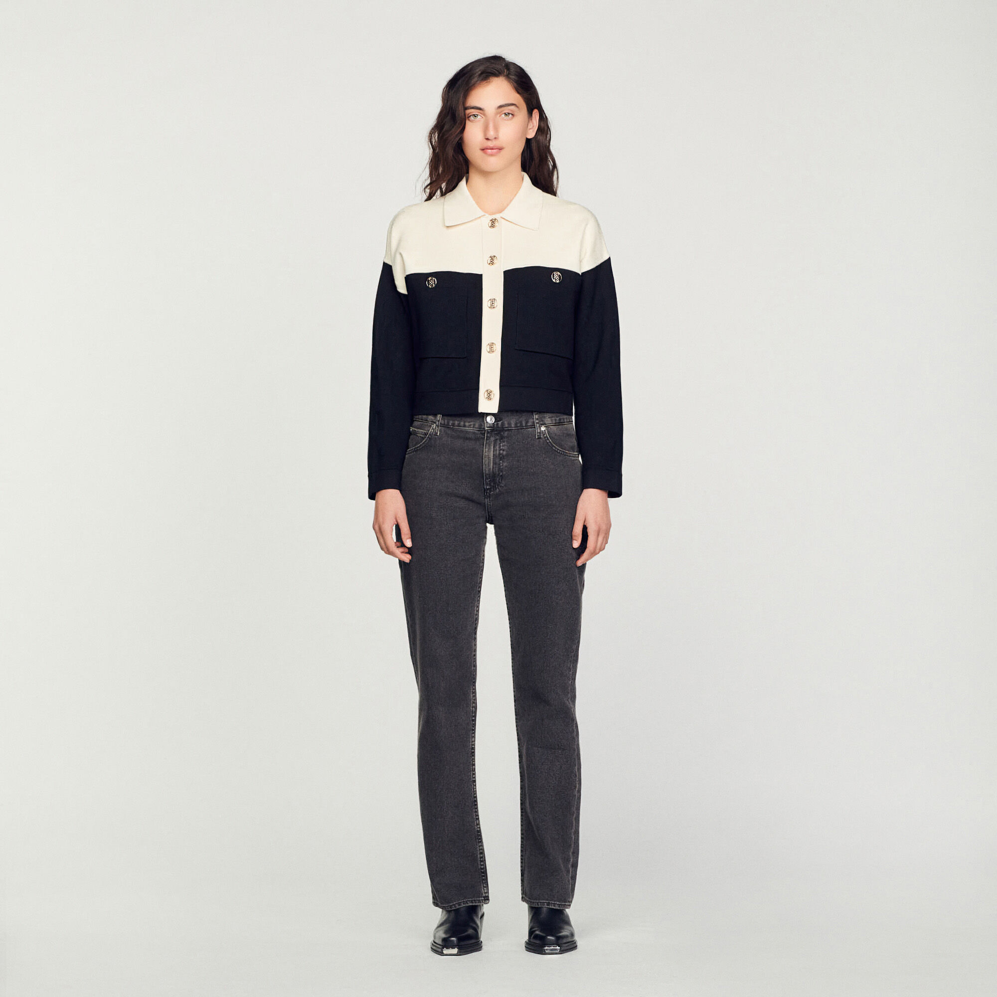 Sandro cropped cardigan with shirt sale collar
