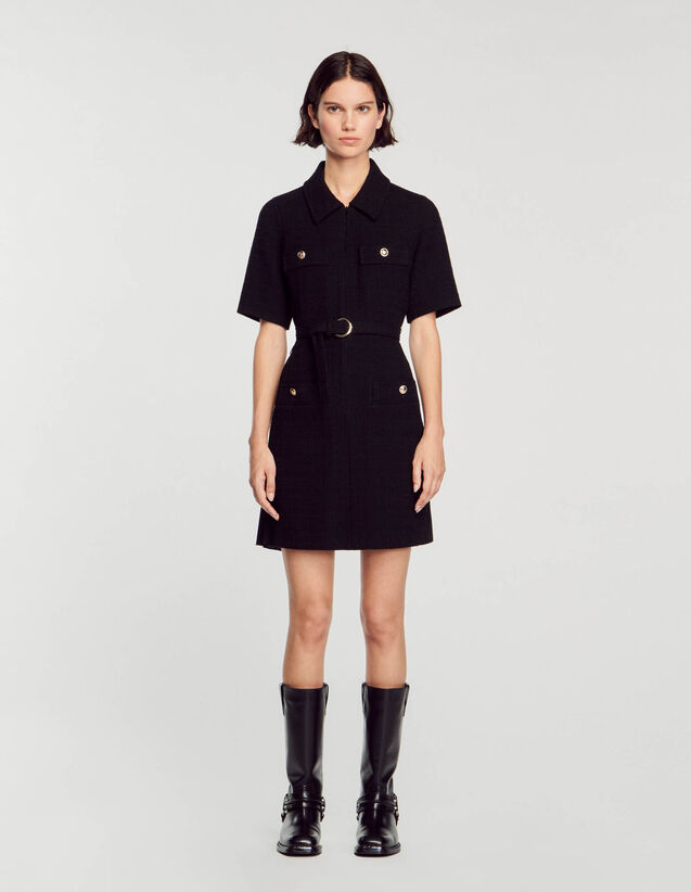 Short-sleeved dress in two materials Black US_Womens
