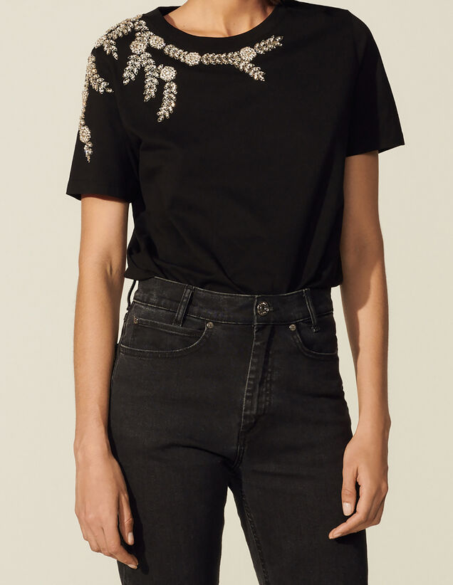 T-shirt with embroidery and rhinestones : Essentials color Black