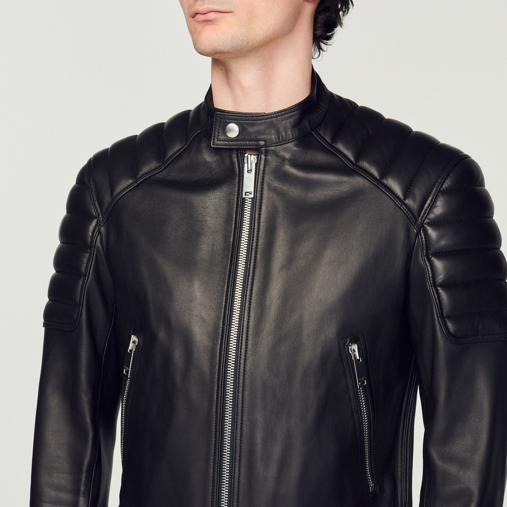 Biker Leather jacket with quilted trims - Jackets | Sandro Paris