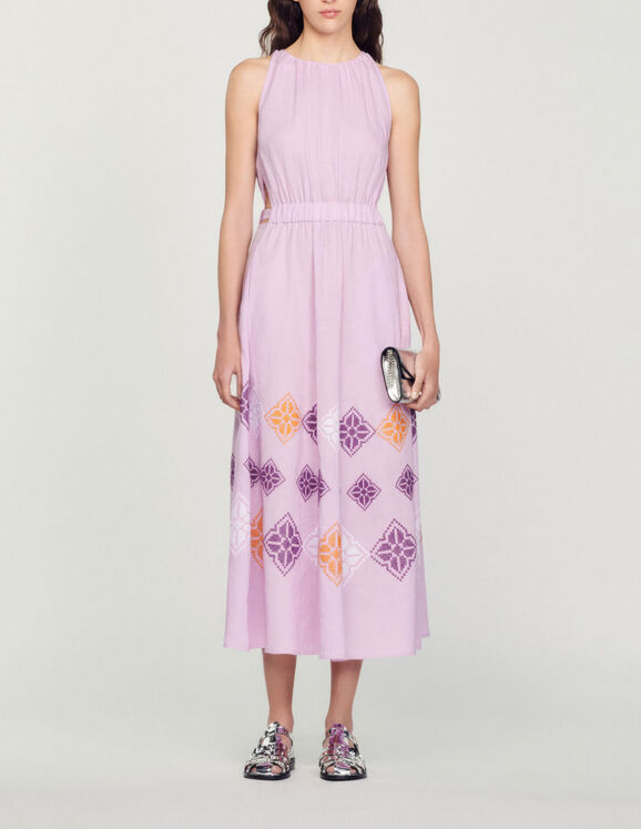 Long embroidered linen dress - Dresses | Sandro Paris