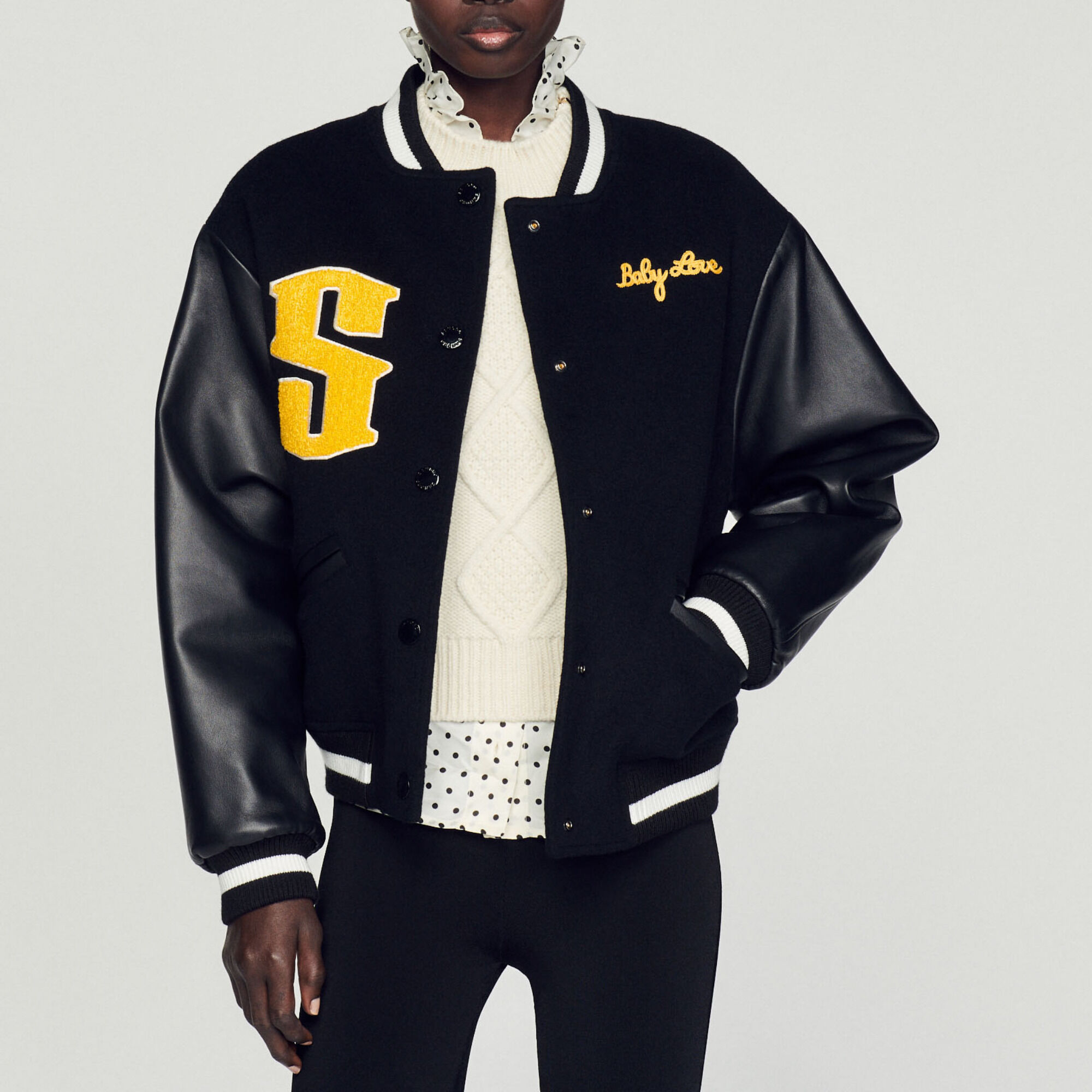 Wool and leather varsity jacket - Jackets & Blazers | Sandro Paris