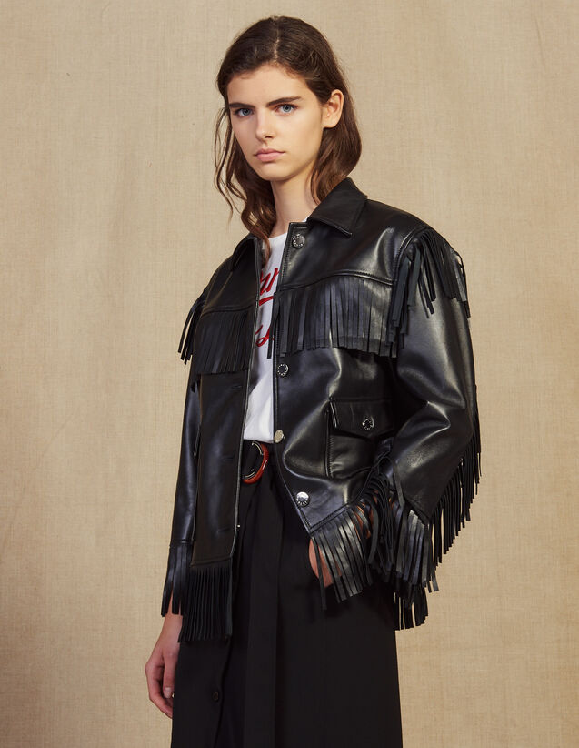 Jackets Women Sandro Paris Com Fringed Leather Jacket Jackets Color Black