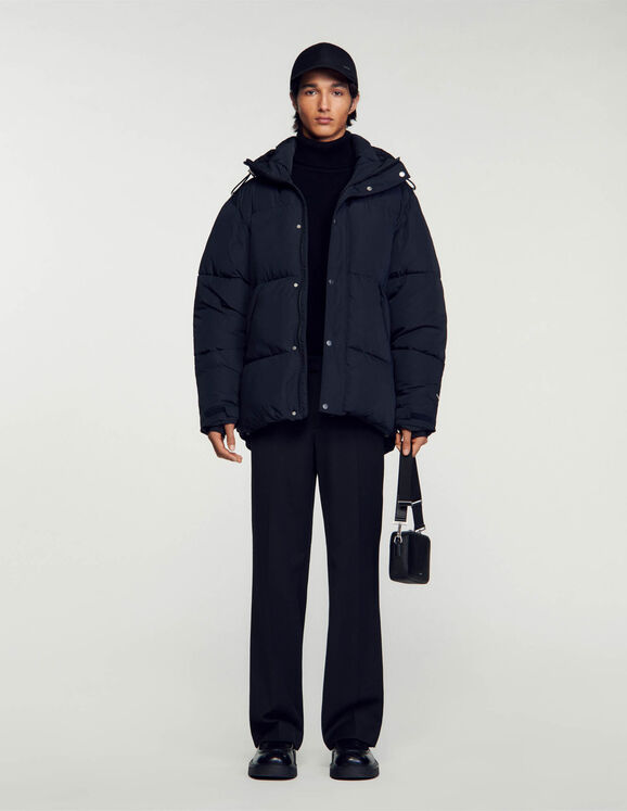 Long 3/4-length hooded puffer jacket - Coats | Sandro Paris