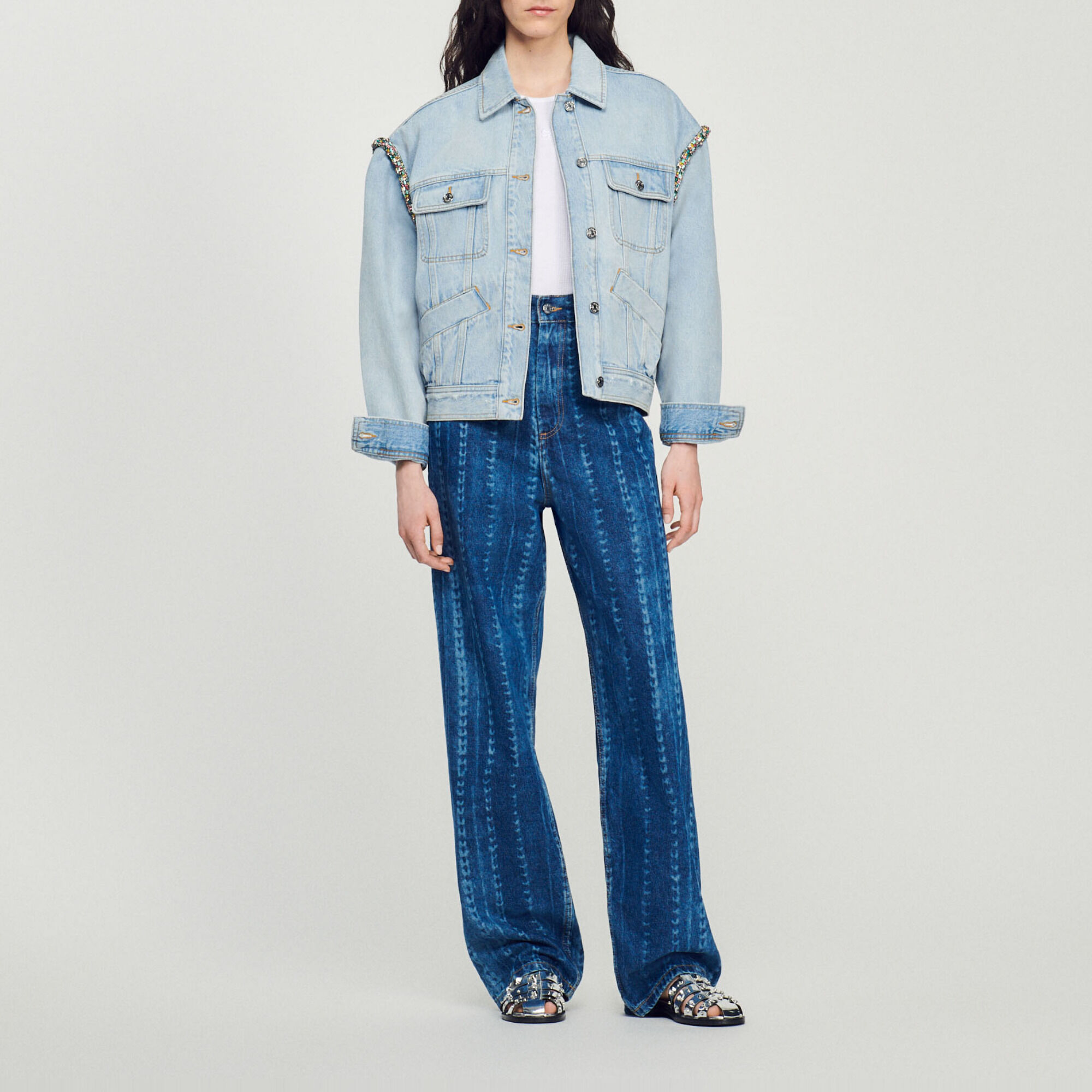 Denim Jean jacket with rhinestones Jackets Blazers Sandro Paris