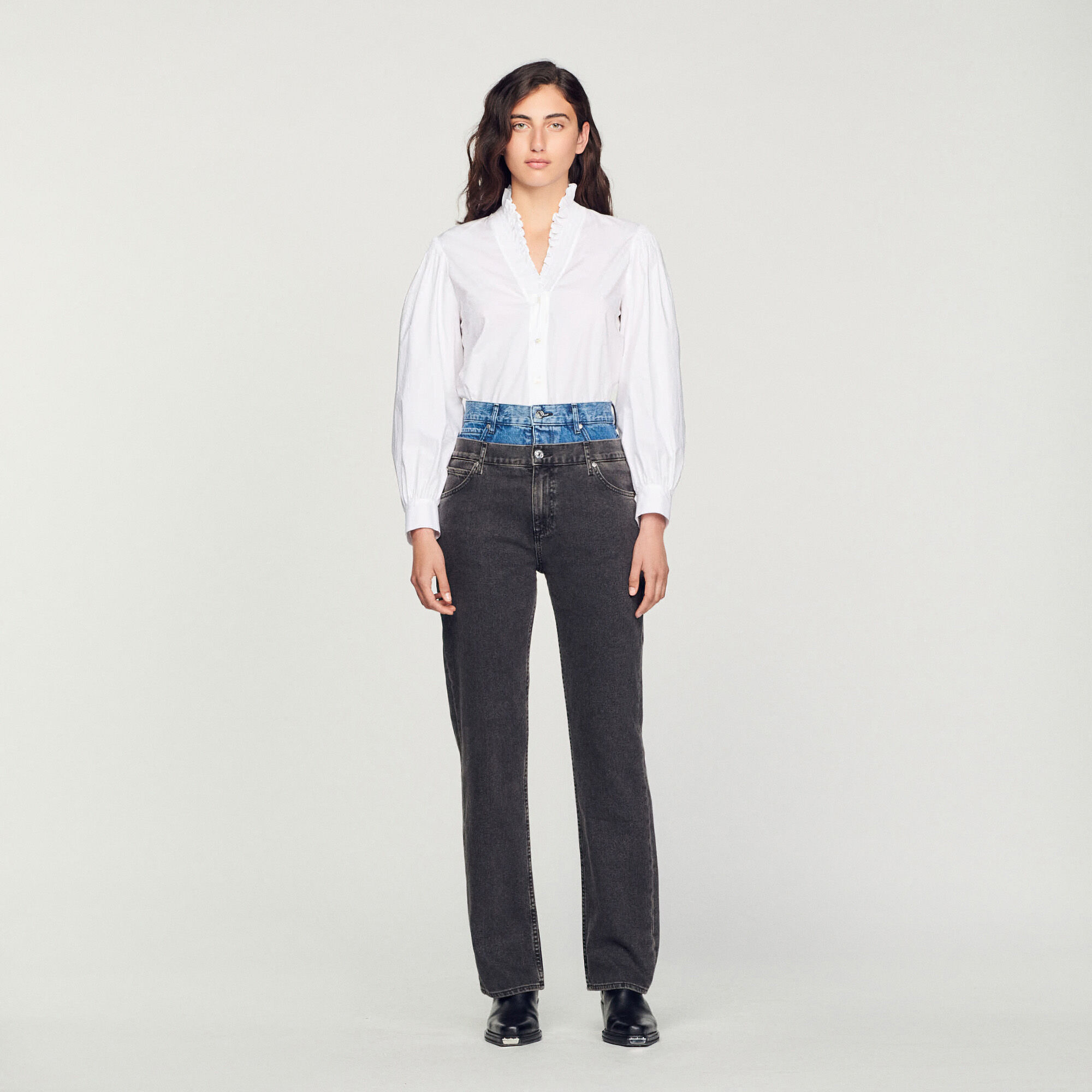 Two-tone double-waisted jeans