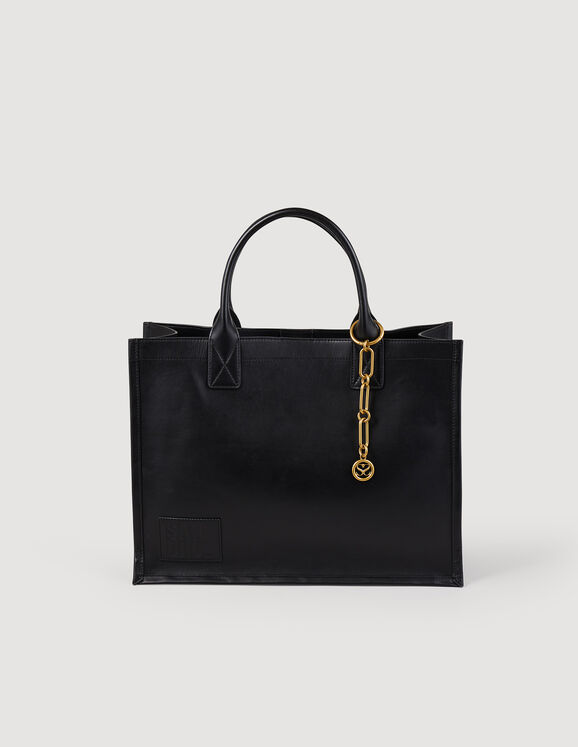 Leather tote bag with chain jewelry Black US_Womens