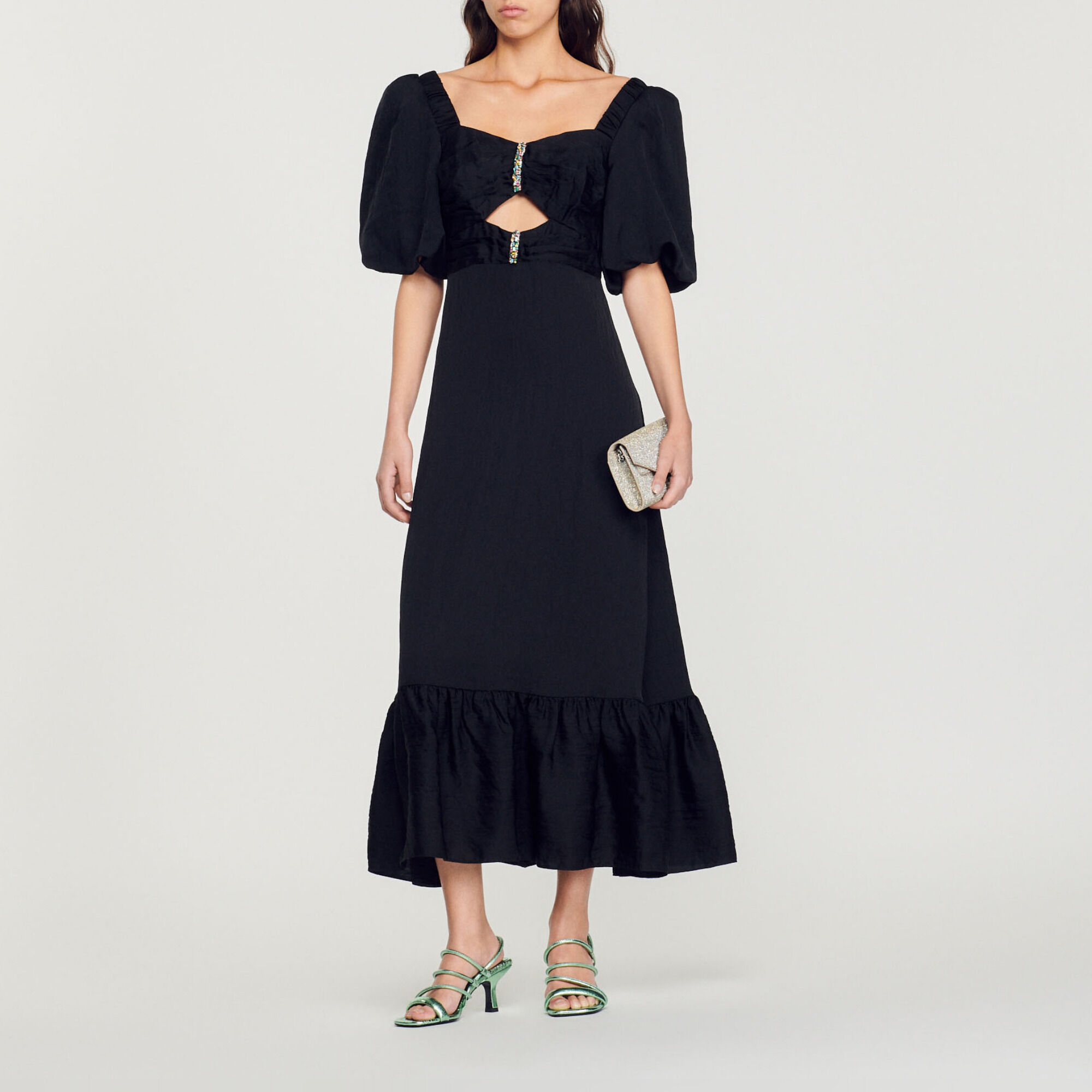 Sandro black ruffle dress discount