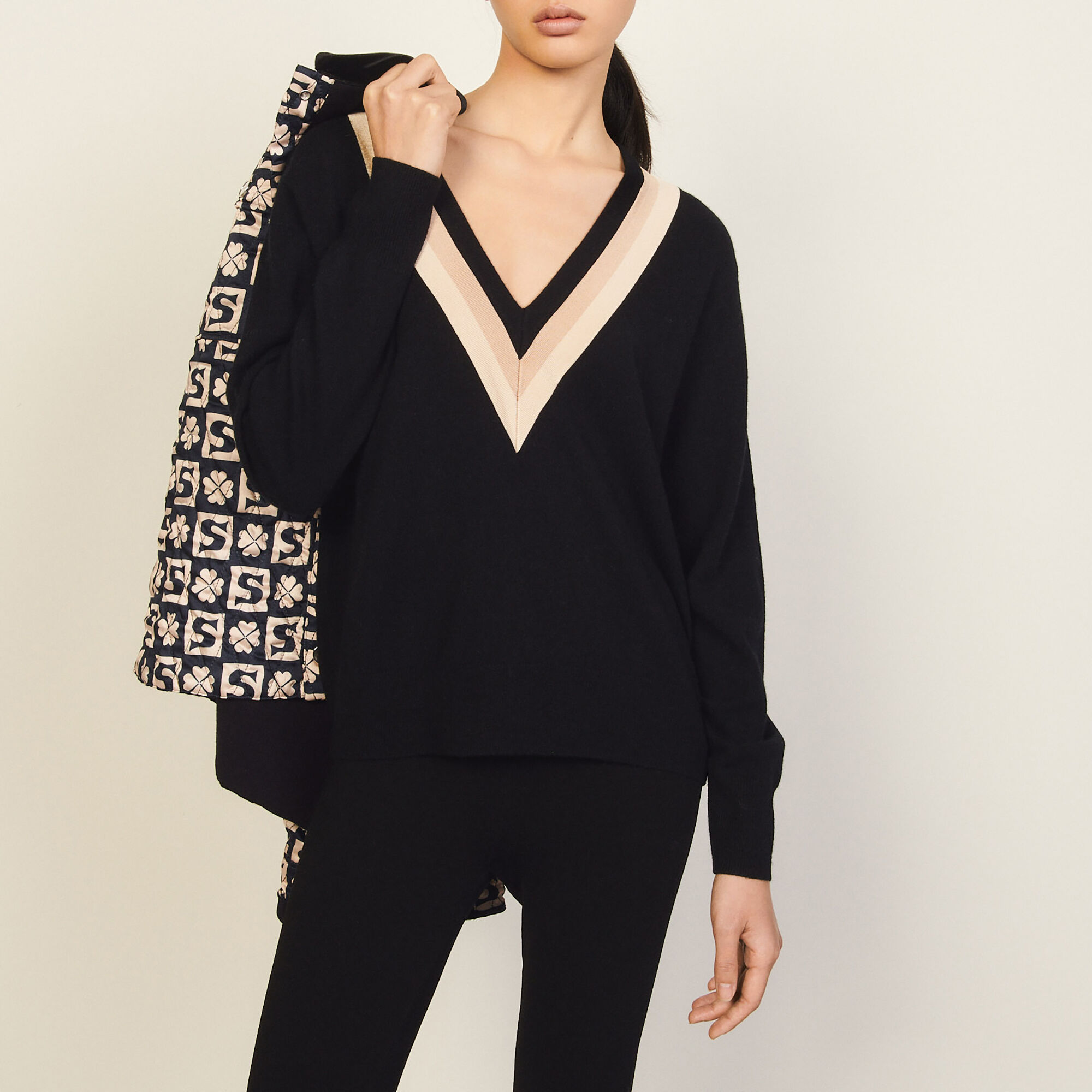 Sweater with stripy ruffled collar - Sweaters & Cardigans | Sandro 