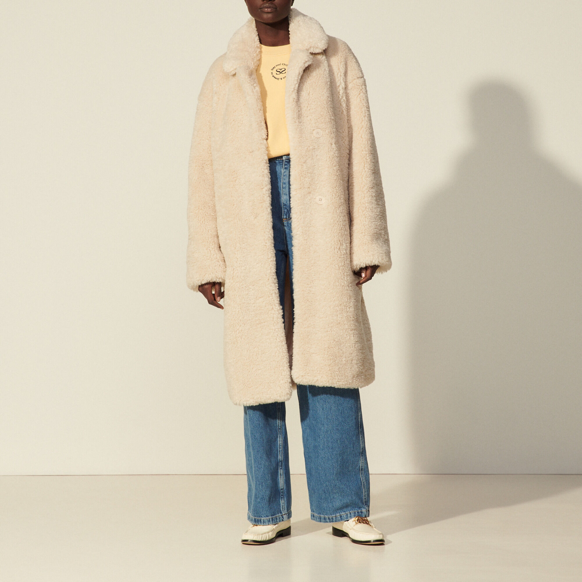 sandro long faux fur coat