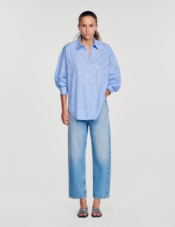 Sandro Women's Oversized Shirt with Rhinestones - Sky Blue - Size Medium